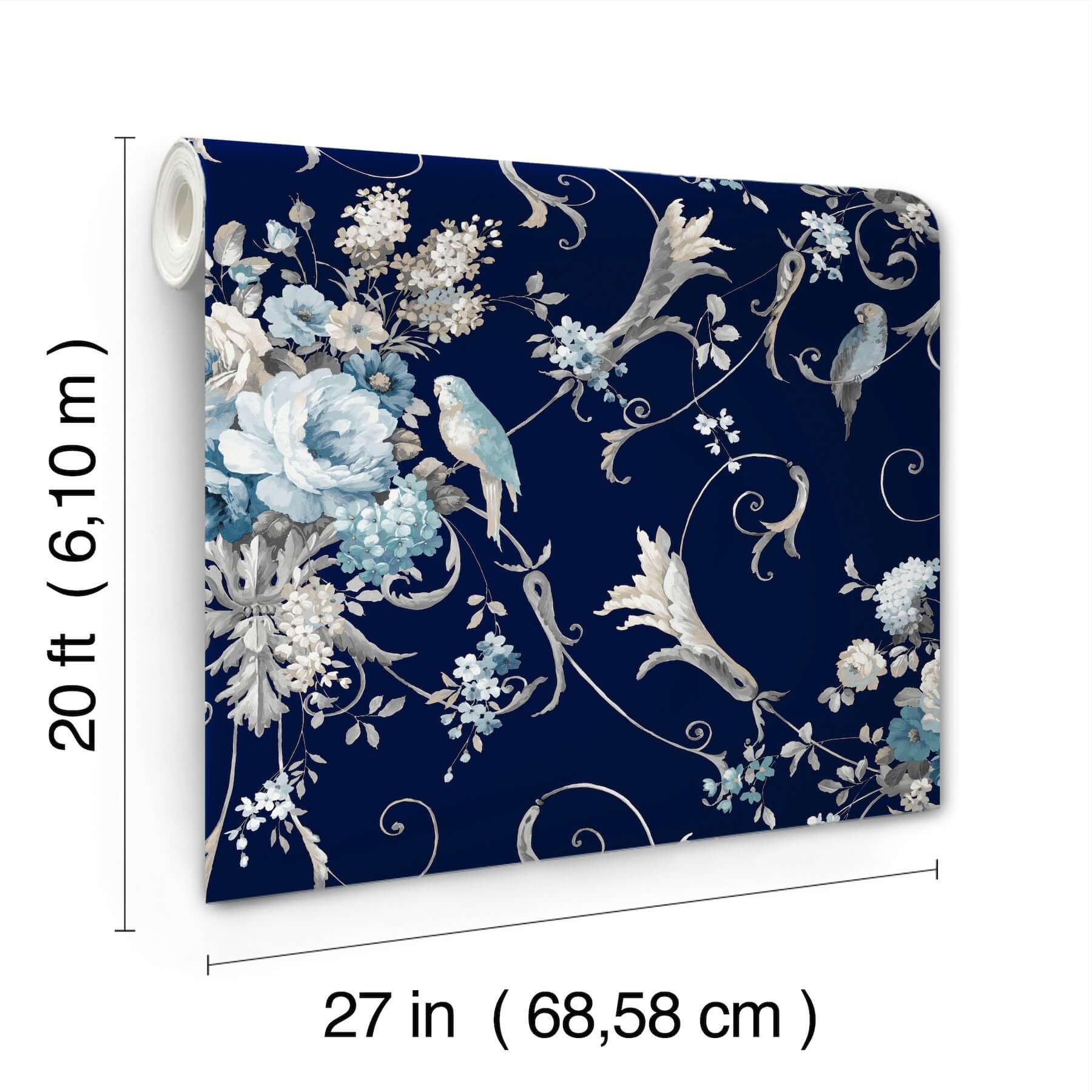 parrots-with-floral-bouquets-navy-peel-stick-wallpaper-york-wallcoverings-psw1360rl - York Wallcoverings Wallpaper