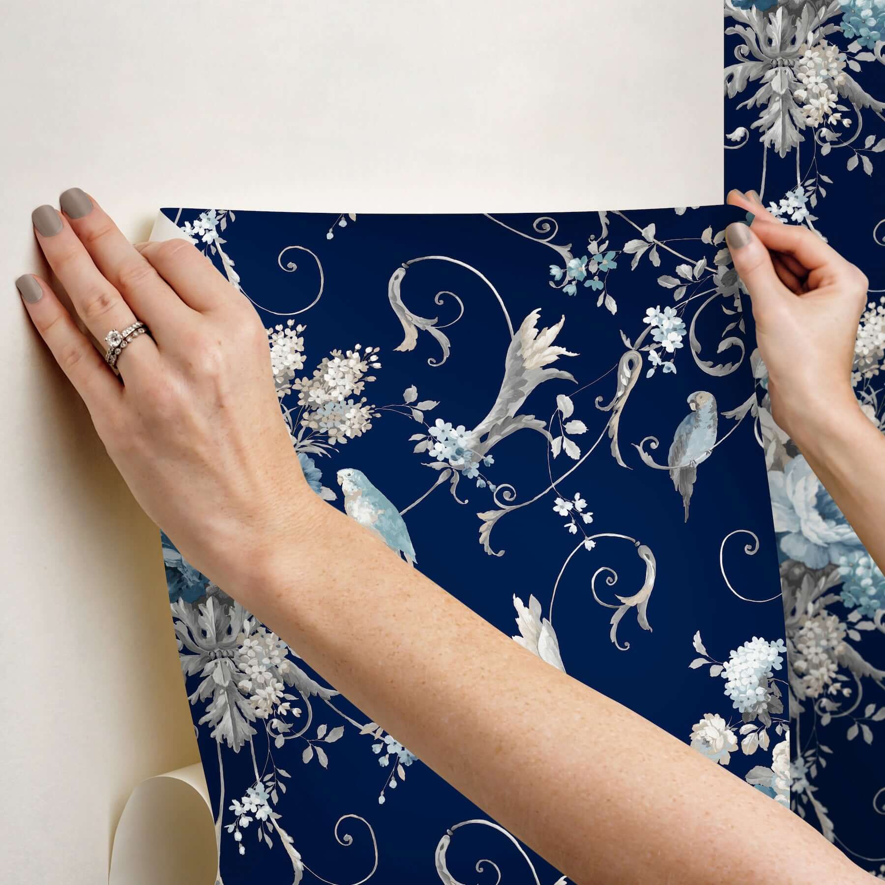 parrots-with-floral-bouquets-navy-peel-stick-wallpaper-york-wallcoverings-psw1360rl - York Wallcoverings Wallpaper