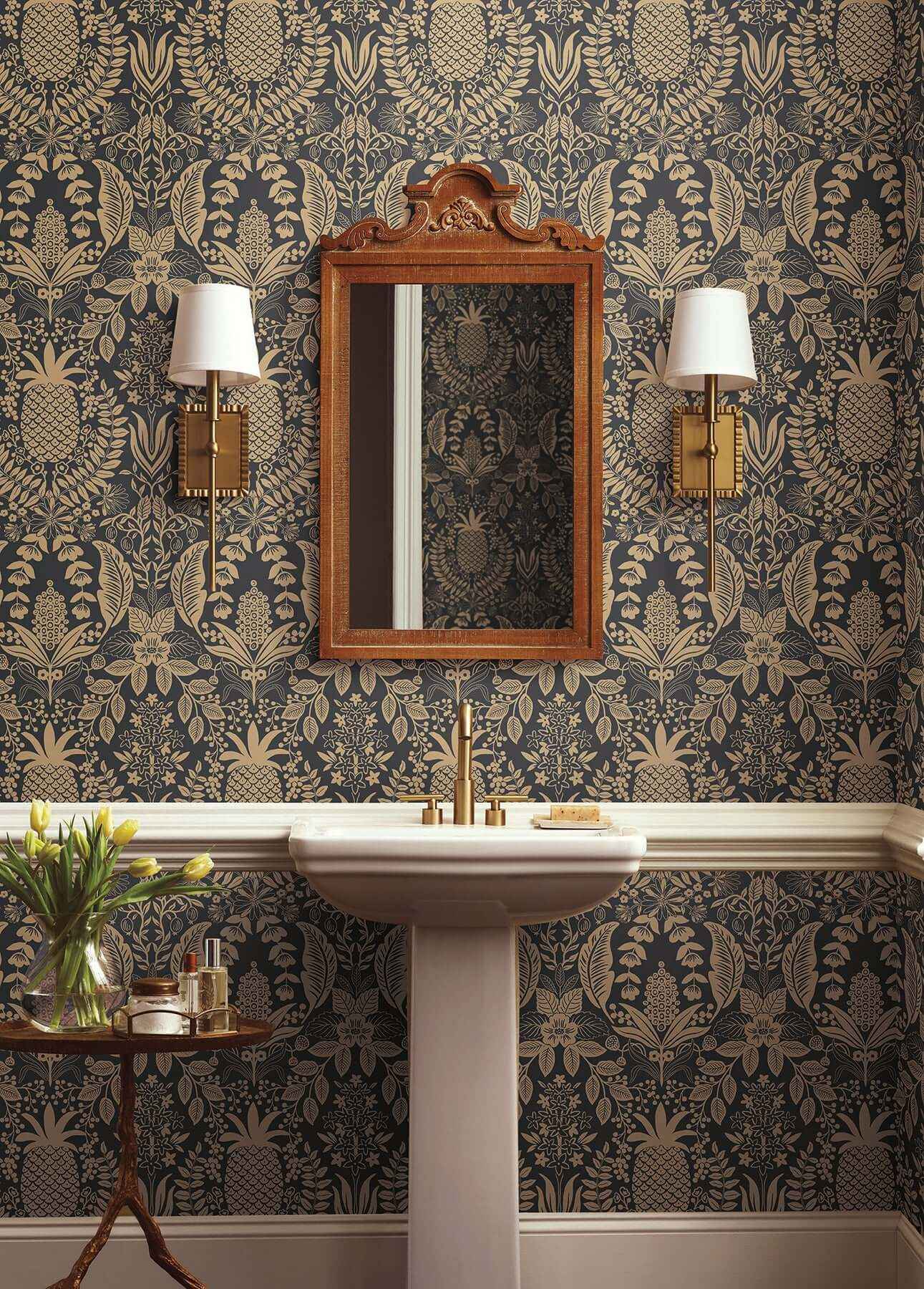Pineapple Damask Black Wallpaper - York Wallcoverings - RF7483 - York Wallcoverings Wallpaper