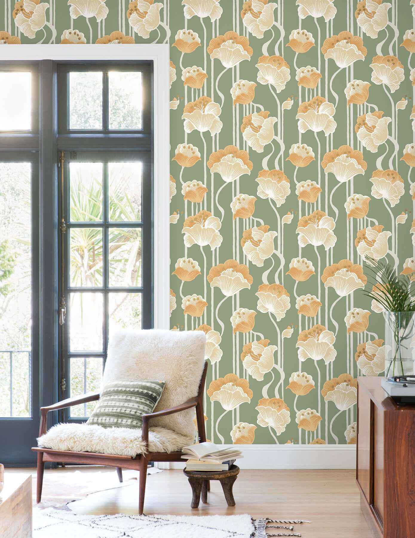 Shirley Green Deco Floral Peel & Stick Wallpaper - York Wallcoverings - PSW1570RL - York Wallcoverings Wallpaper