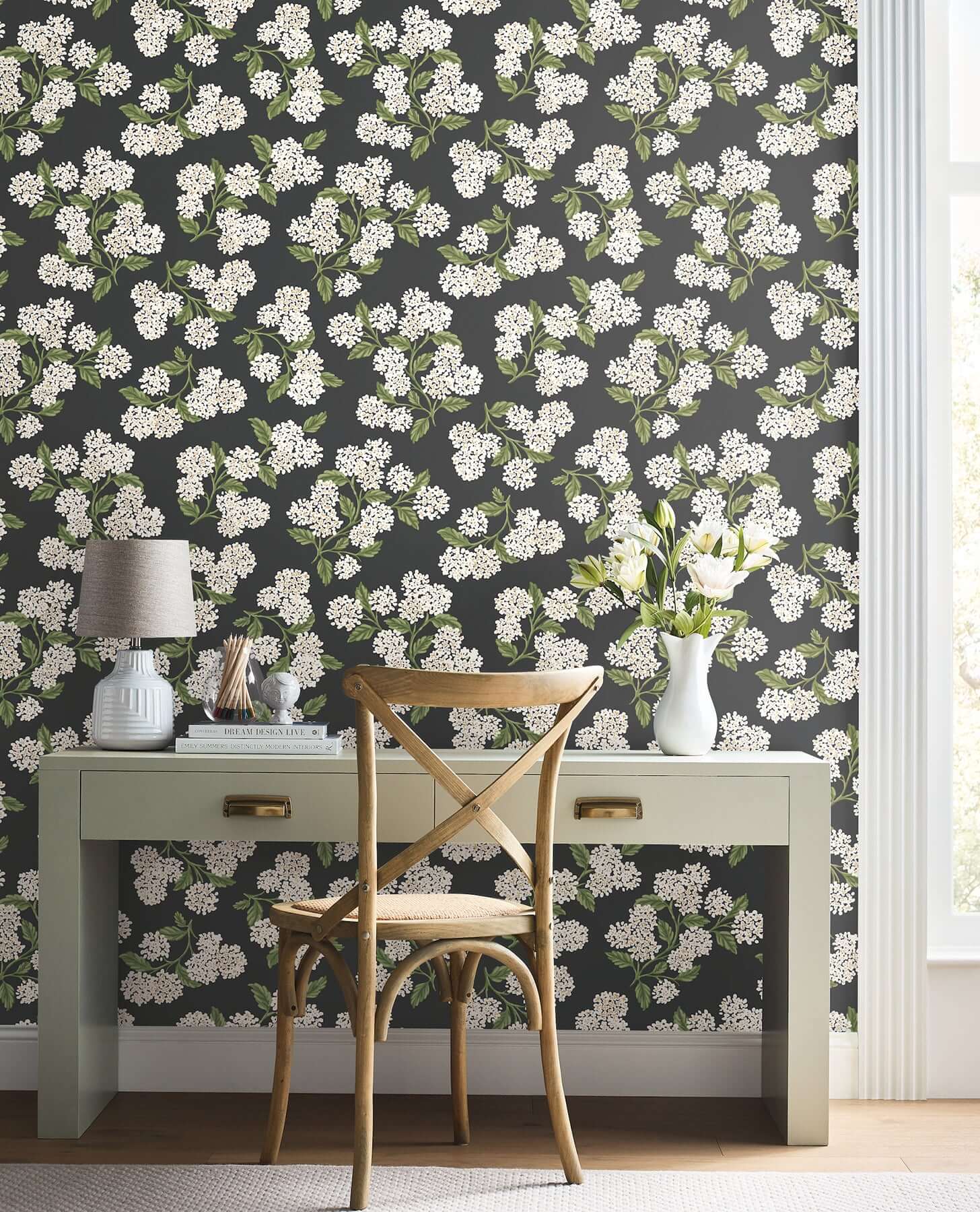 hydrangea-black-white-peel-stick-wallpaper-york-wallcoverings-psw1618rl - York Wallcoverings Wallpaper
