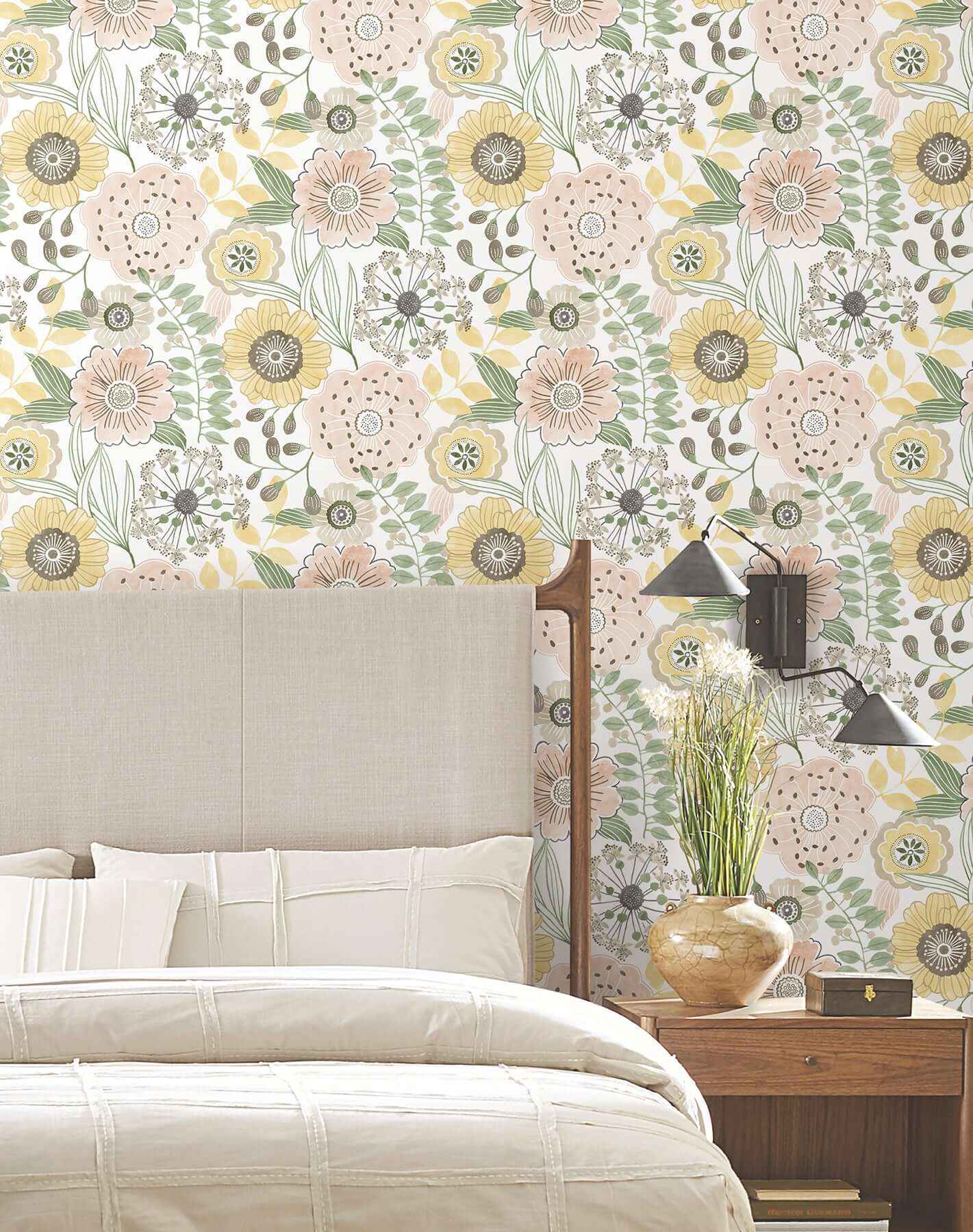 Artistic Bouquet Coral & Lemon Wallpaper - York Wallcoverings - ZM2895