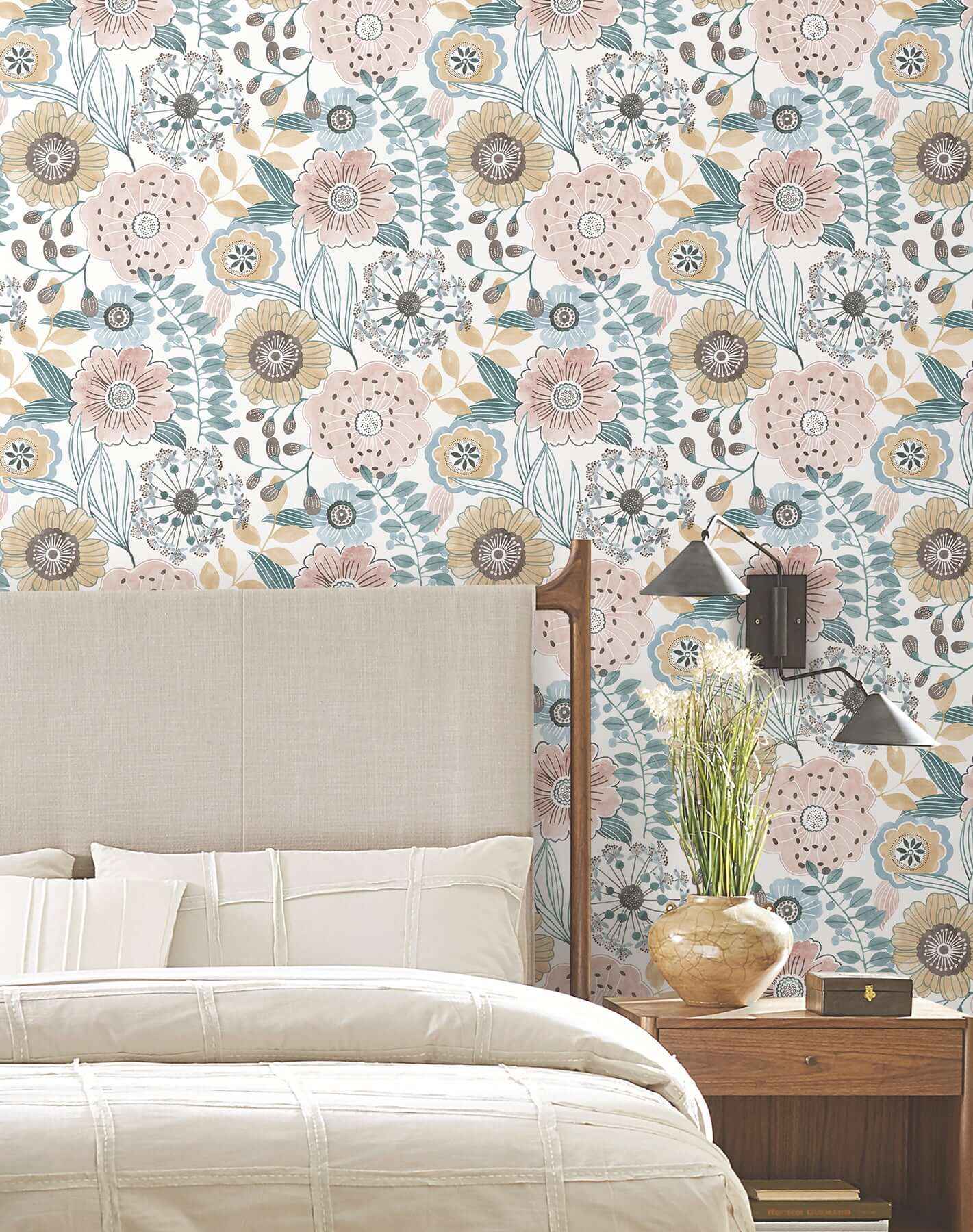 Artistic Bouquet Ochre & Ocean Wallpaper - York Wallcoverings - ZM2891 - York Wallcoverings Wallpaper