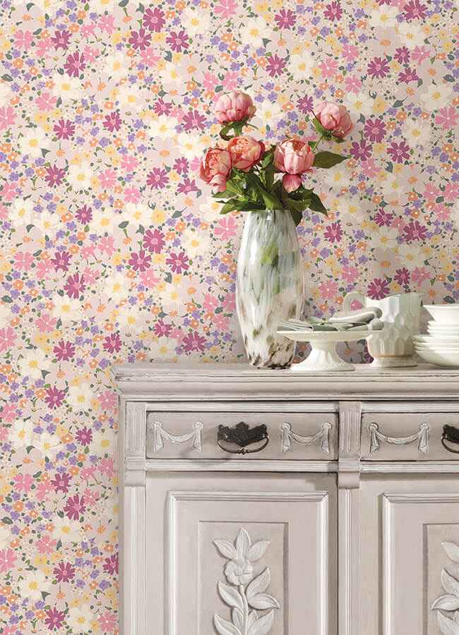 Wildflower Impressions Magenta Peel and Stick Wallpaper - York Wallcoverings - RMWS1252 - York Wallcoverings Wallpaper