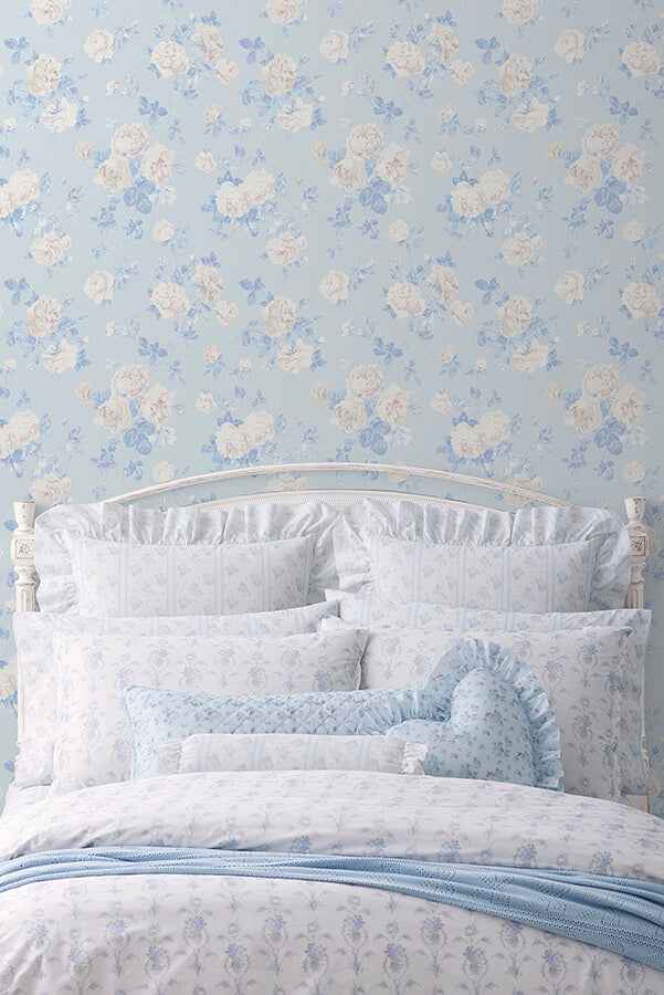 Everblooming Rosettes Whisper Blue Cabbage Rose Bouquets Wallpaper - York Wallcoverings - AST6492 - York Wallcoverings Wallpaper
