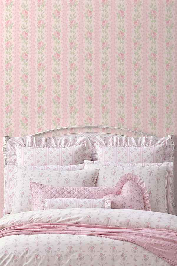 Blooming Heirloom Strawberry Macaron Rose Stripe Wallpaper - York Wallcoverings - AST6493 - York Wallcoverings Wallpaper