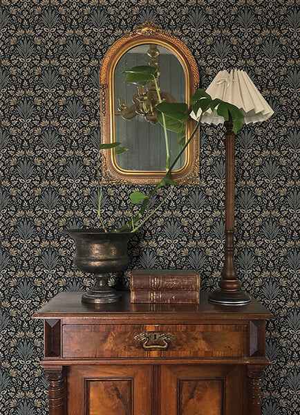 Woodbury Black Floral Damask Wallpaper - York Wallcoverings - 4173-27630 - York Wallcoverings Wallpaper