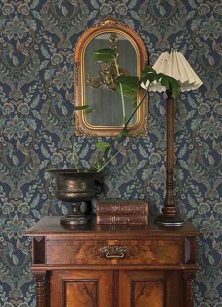 Collins Teal Damask Wallpaper - York Wallcoverings - 4173-27653 - York Wallcoverings Wallpaper