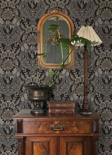 Collins Charcoal Damask Wallpaper - York Wallcoverings - 4173-27654 - York Wallcoverings Wallpaper