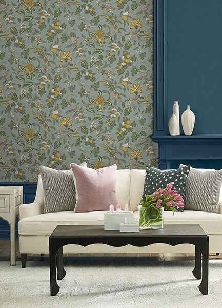 Parterre Light Blue Jacobean Wallpaper - York Wallcoverings - VP1315