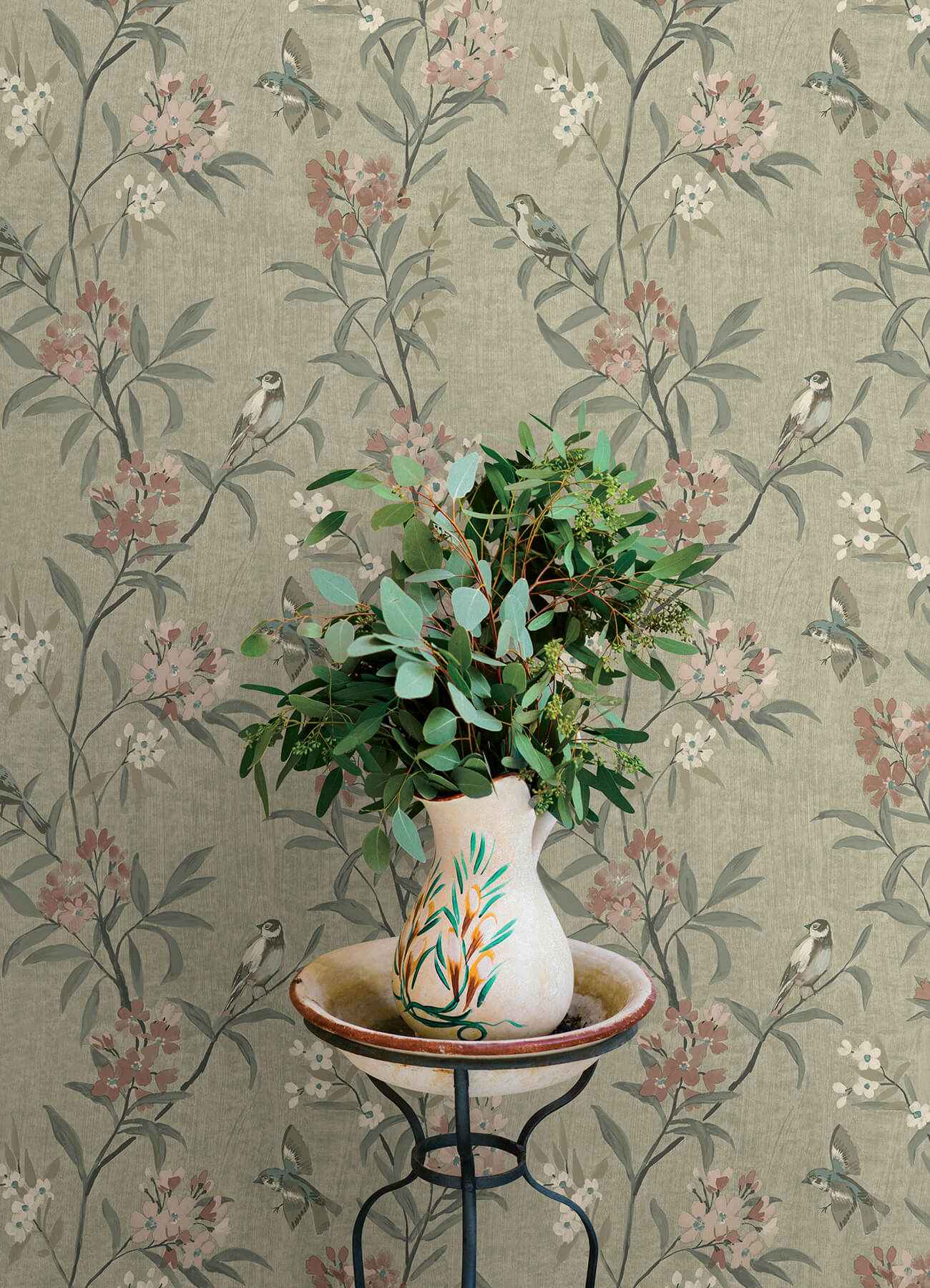 Tea Olive Green Finch Frolic Wallpaper - York Wallcoverings - 4169-83138