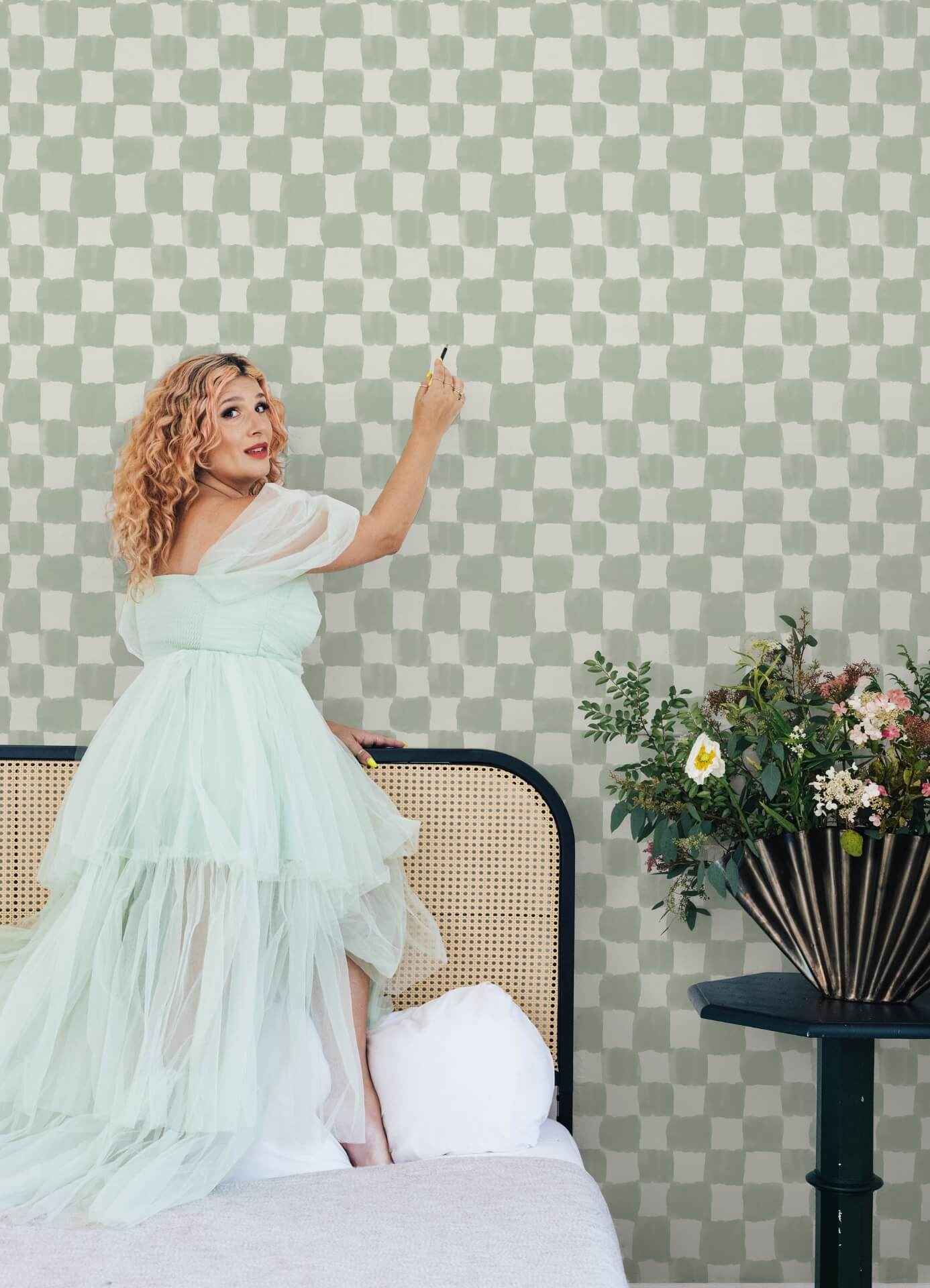 Tess Watercolor Checker Sage Green Peel - York Wallcoverings - RMWS1316 - York Wallcoverings Wallpaper