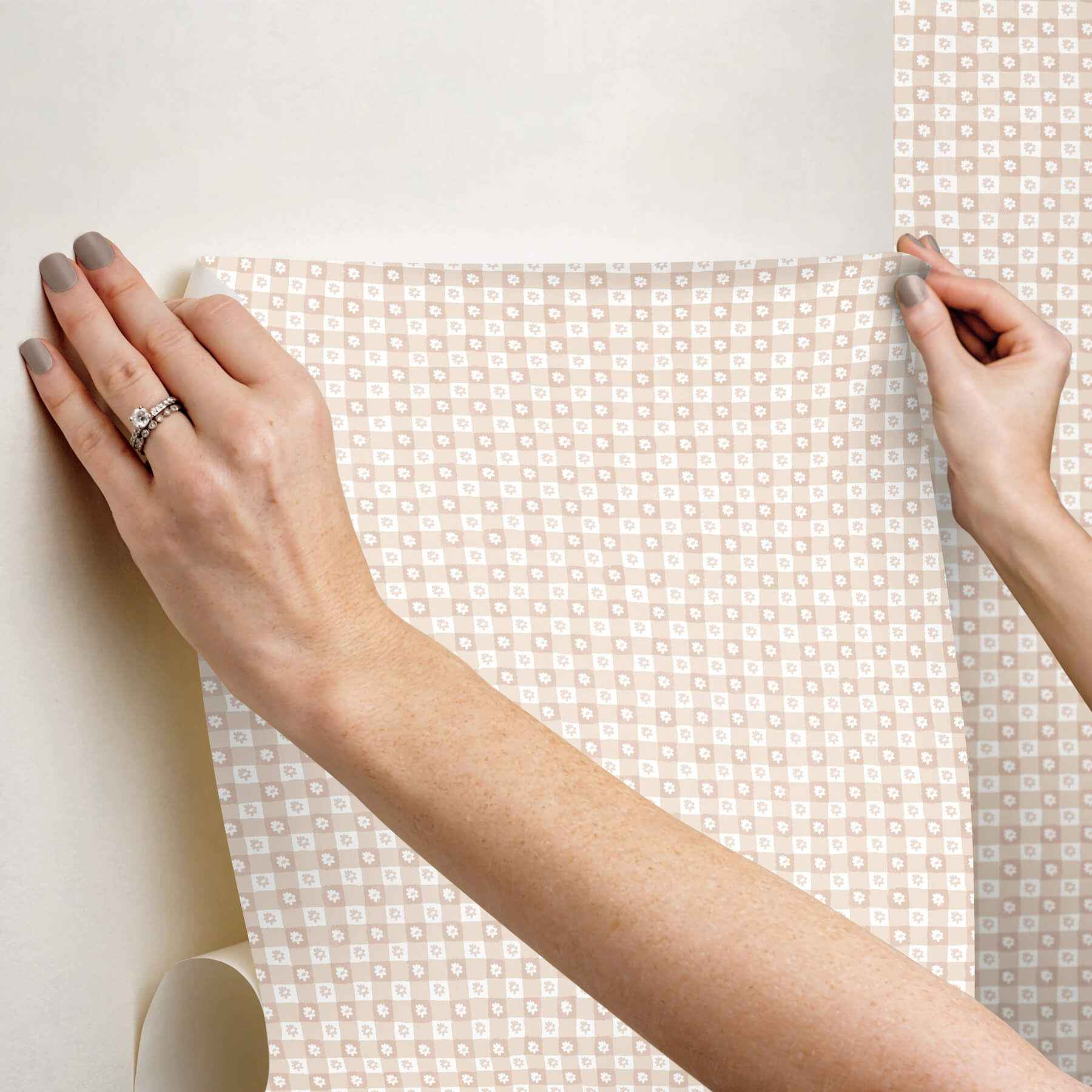Daisy Gingham Blush Floral Check Premium Peel + Stick Wallpaper - York Wallcoverings - PSW1690RL - York Wallcoverings Wallpaper