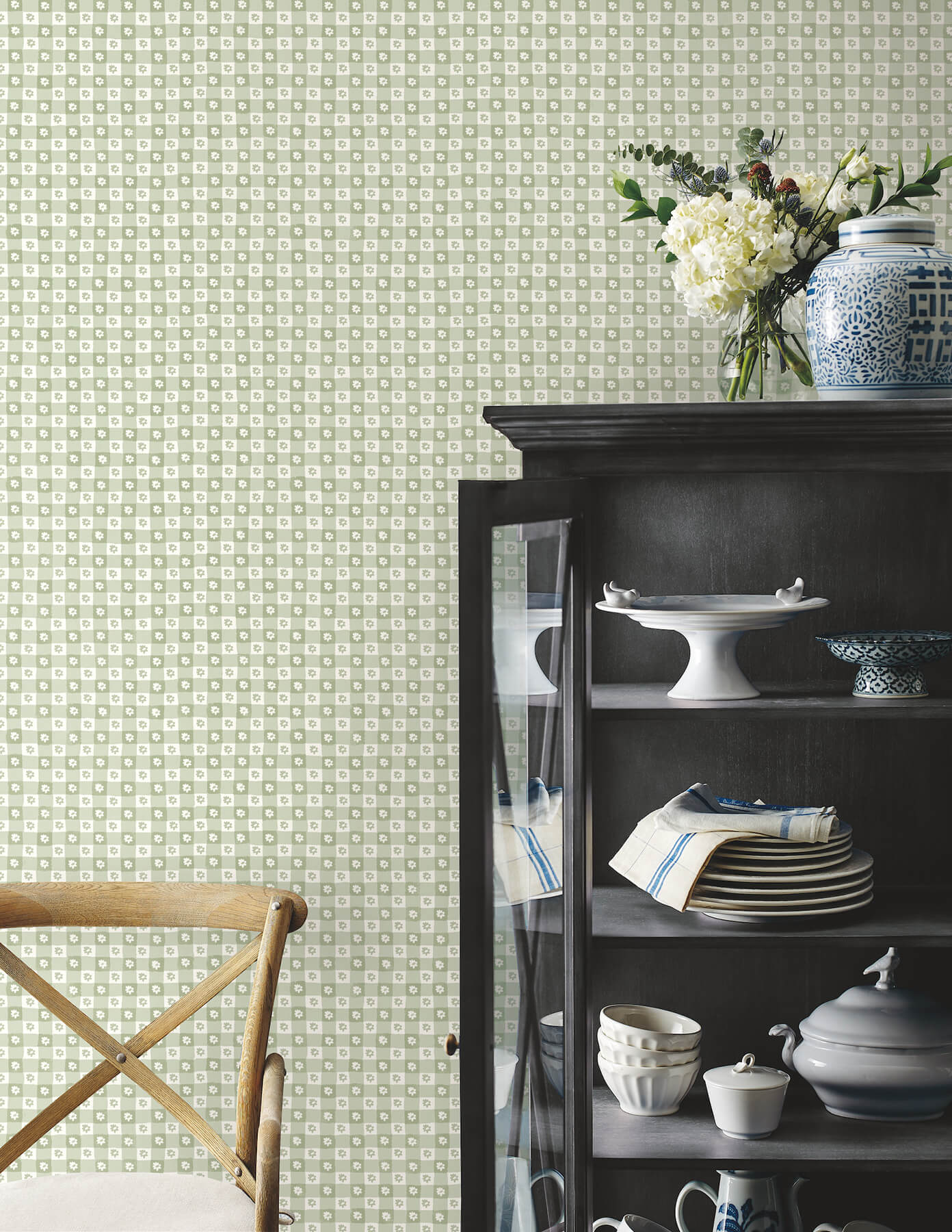 daisy-gingham-green-floral-check-premium-peel-stick-wallpaper-york-wallcoverings-psw1694rl - York Wallcoverings Wallpaper