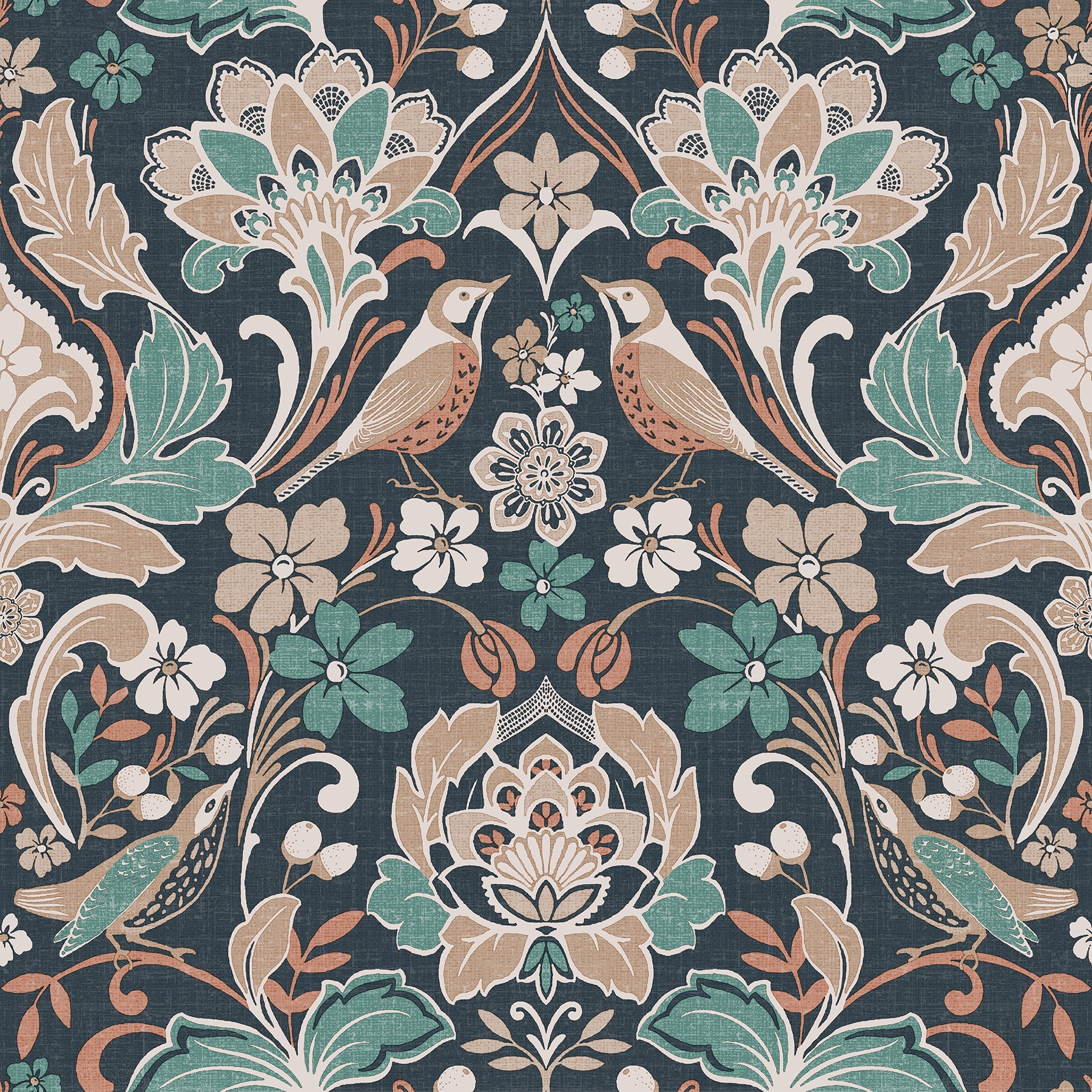 birdy-navy-nuthatch-floral-wallpaper-york-wallcoverings-ah100197ah - York Wallcoverings Papel pintado