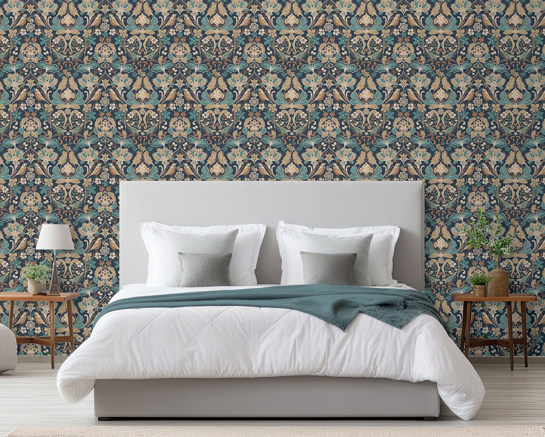 birdy-navy-nuthatch-floral-wallpaper-york-wallcoverings-ah100197ah - York Wallcoverings Papel pintado