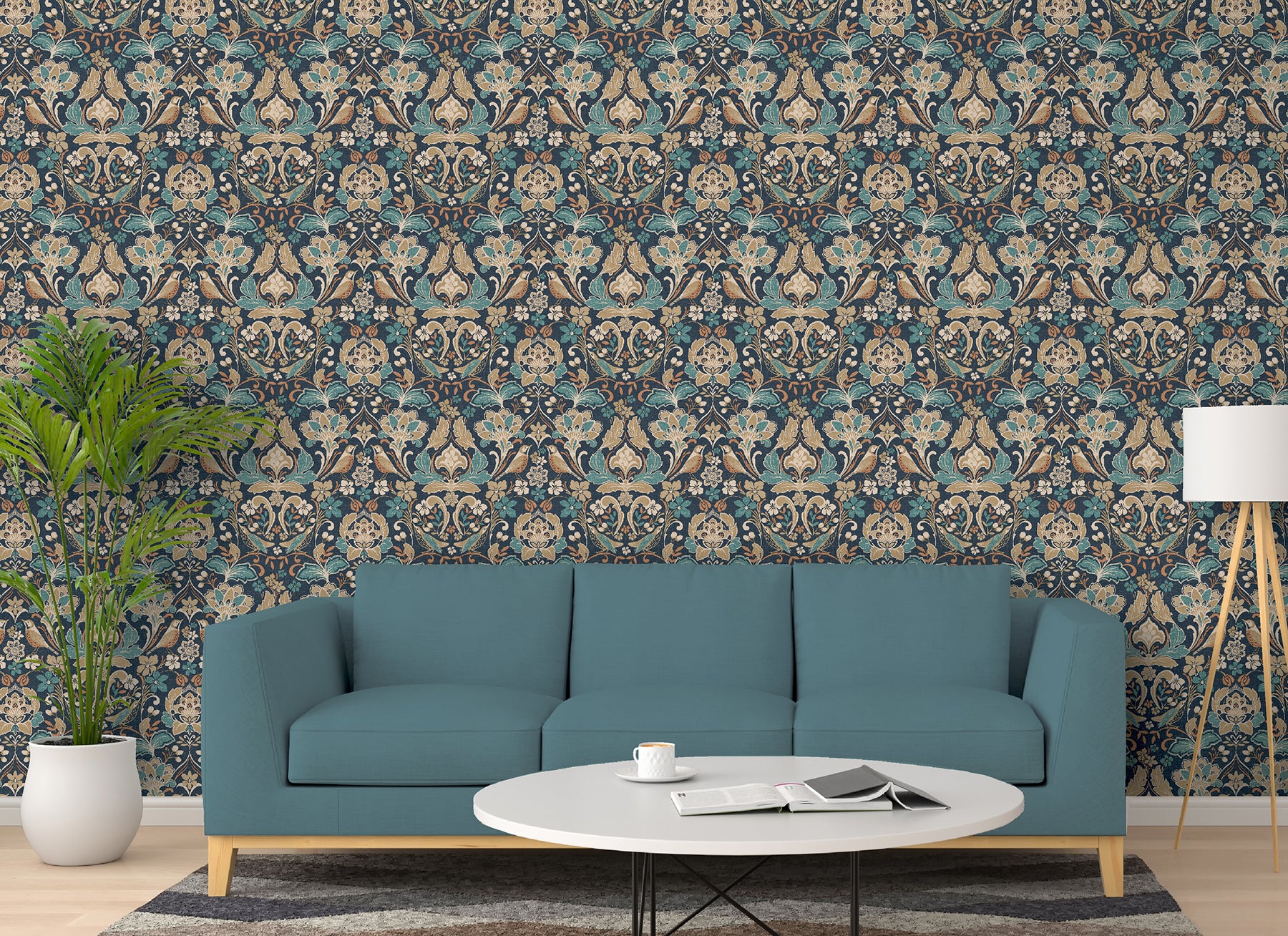 birdy-navy-nuthatch-floral-wallpaper-york-wallcoverings-ah100197ah - York Wallcoverings Papel pintado