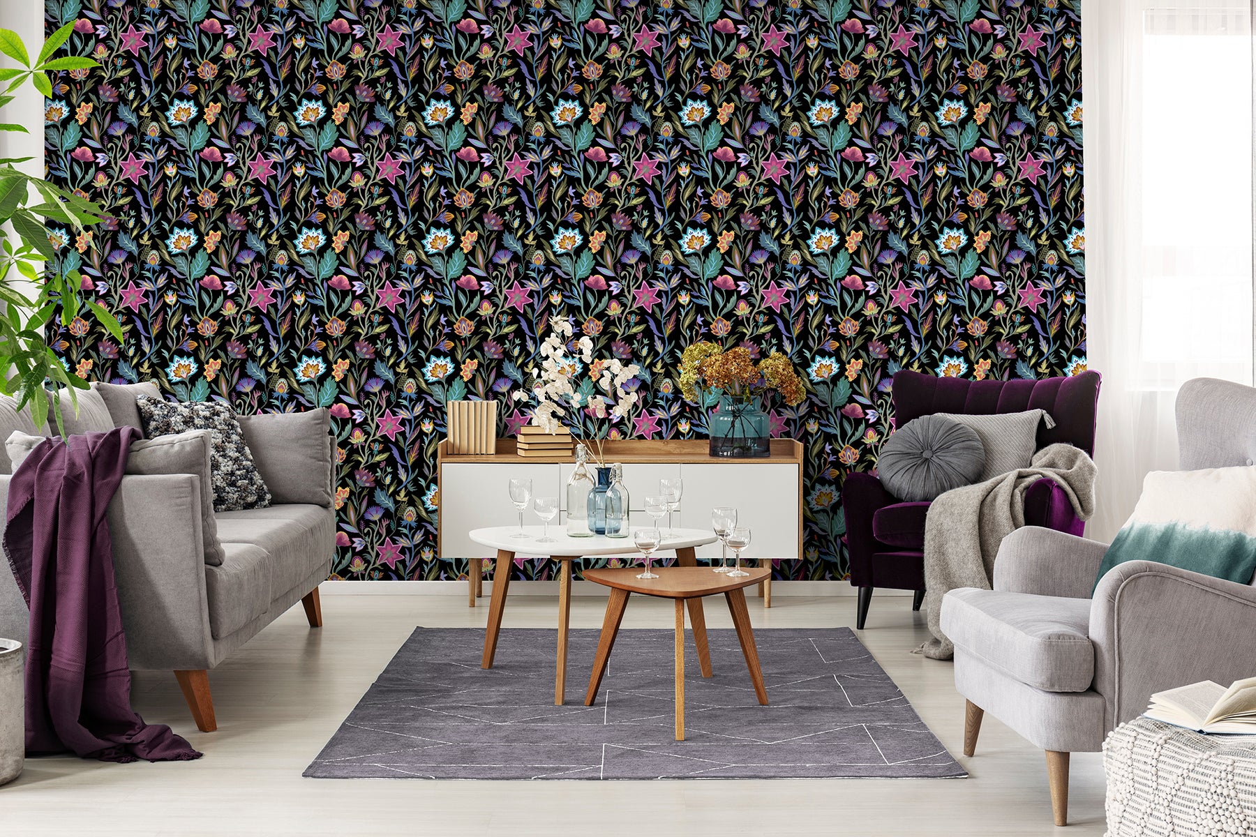 mallory-black-vivid-floral-wallpaper-york-wallcoverings-ah100380ah - York Wallcoverings Wallpaper