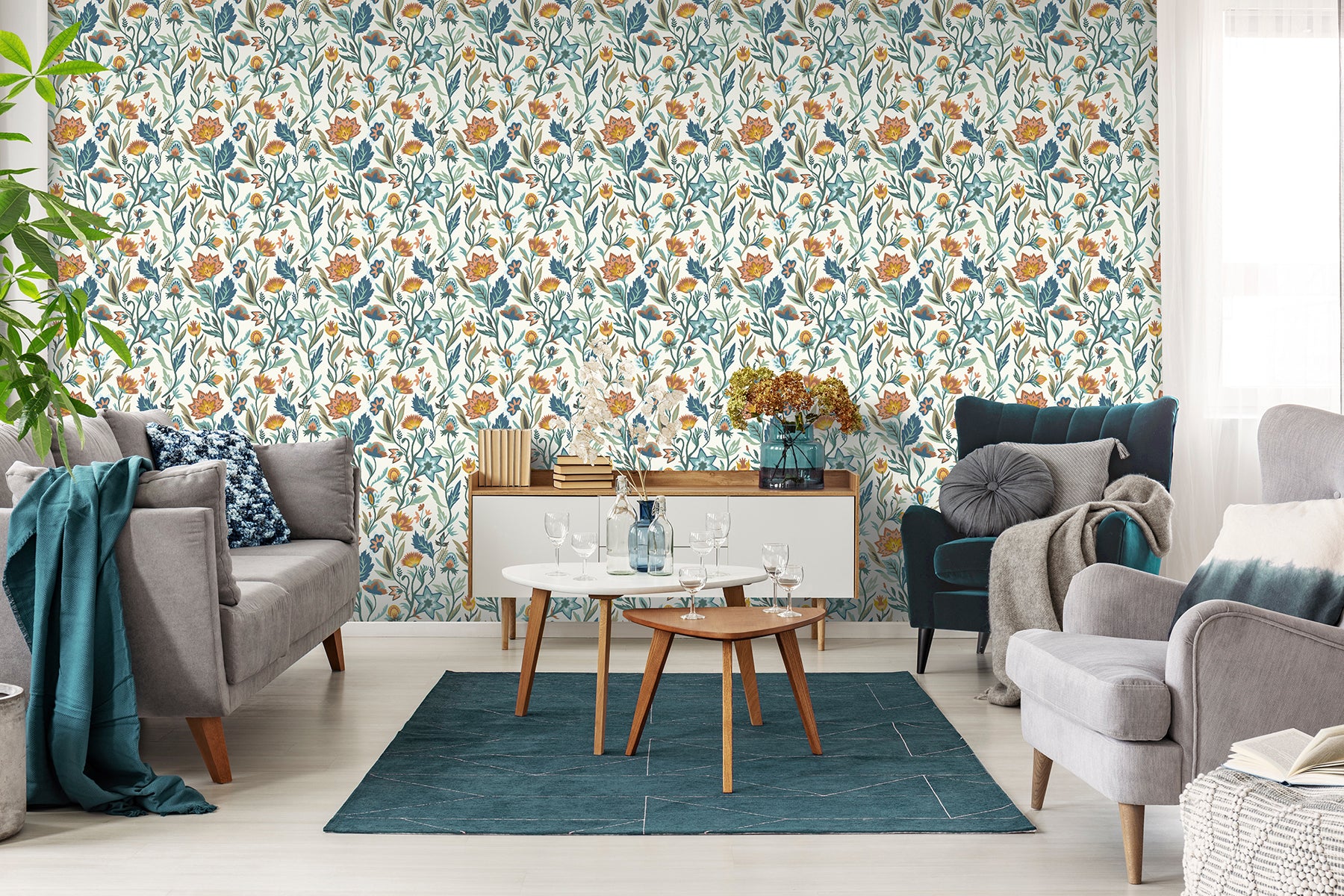 mallory-blue-vivid-floral-wallpaper-york-wallcoverings-ah100381ah - York Wallcoverings Papel pintado