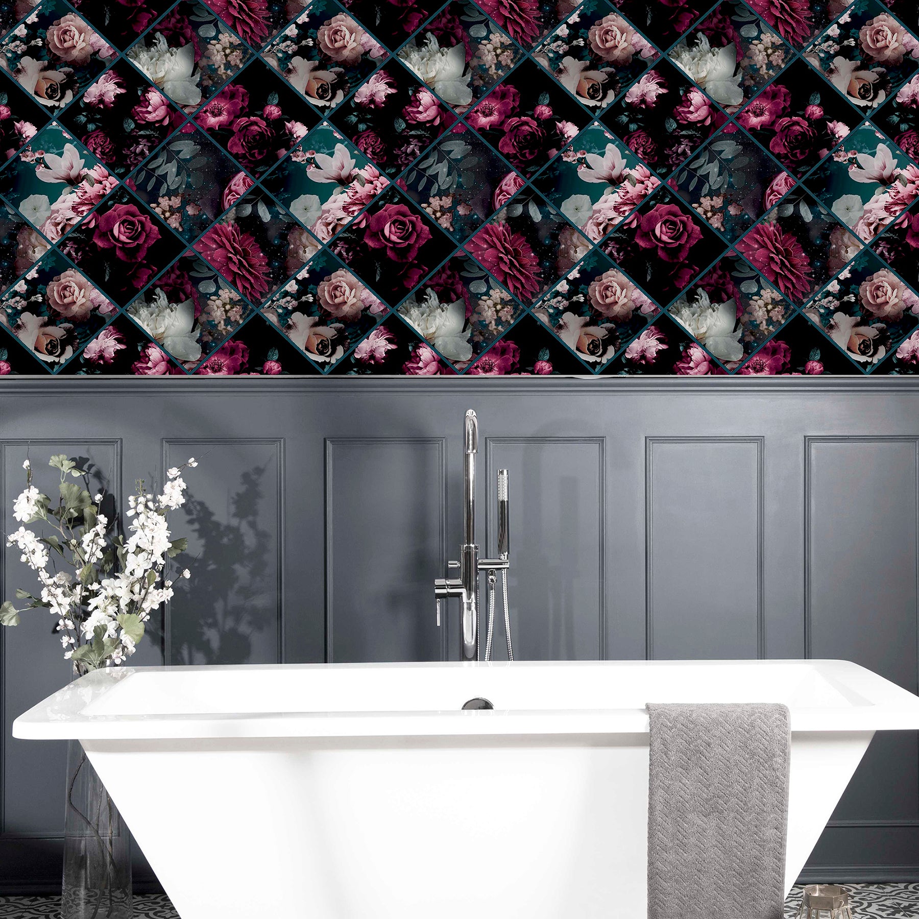 gianna-purple-floral-squares-wallpaper-york-wallcoverings-ah297100 - York Wallcoverings Papel pintado
