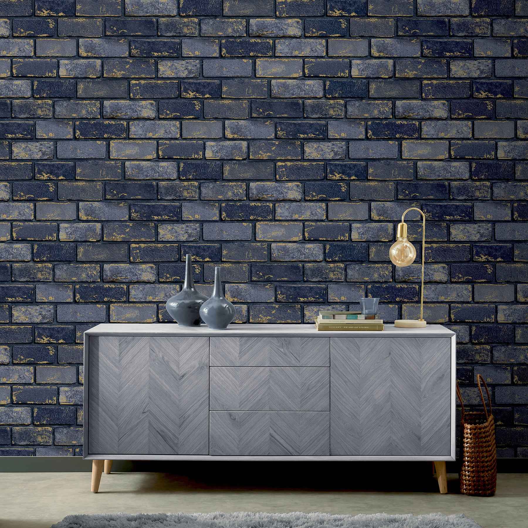Myron Charcoal Metallic Brick Wallpaper - York Wallcoverings - AH692200 - York Wallcoverings Wallpaper