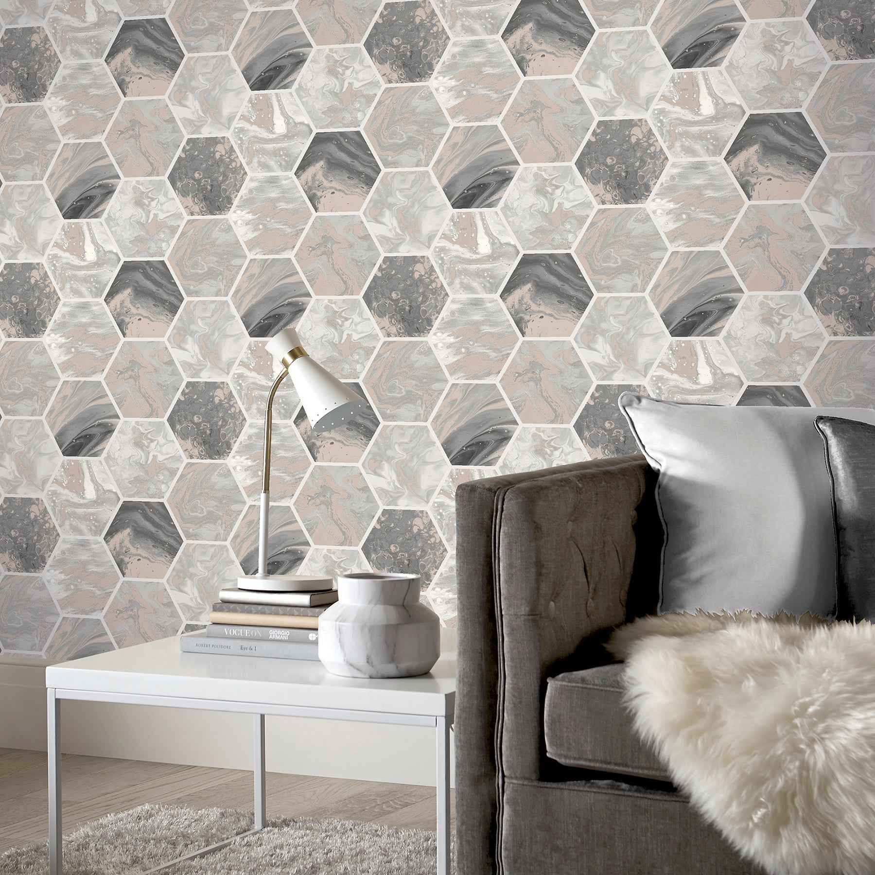Marlon Charcoal Hexagon Tiles Wallpaper - York Wallcoverings - AH908502 - York Wallcoverings Wallpaper