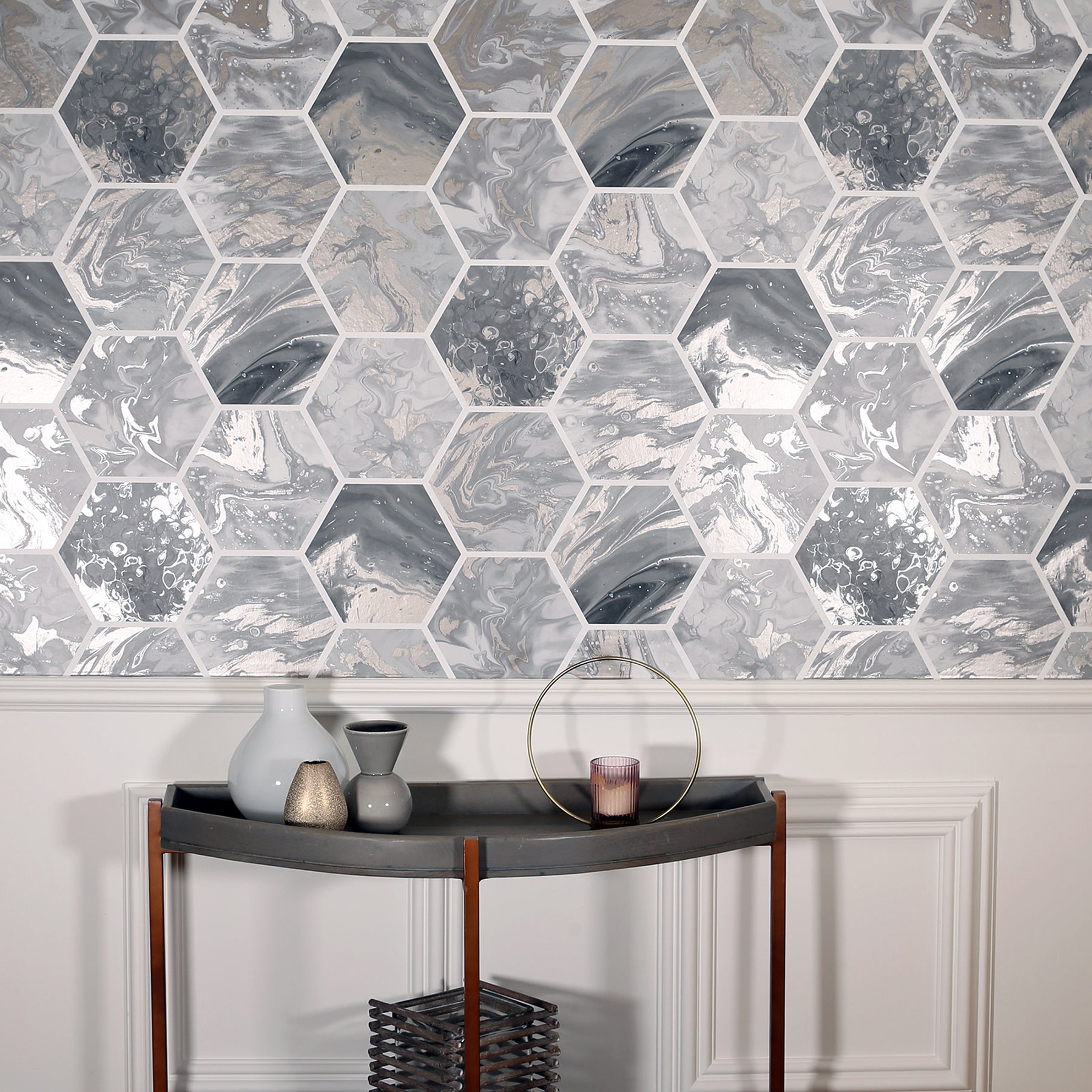 marlon-charcoal-hexagon-tiles-wallpaper-york-wallcoverings-ah908502 - York Wallcoverings Papel pintado