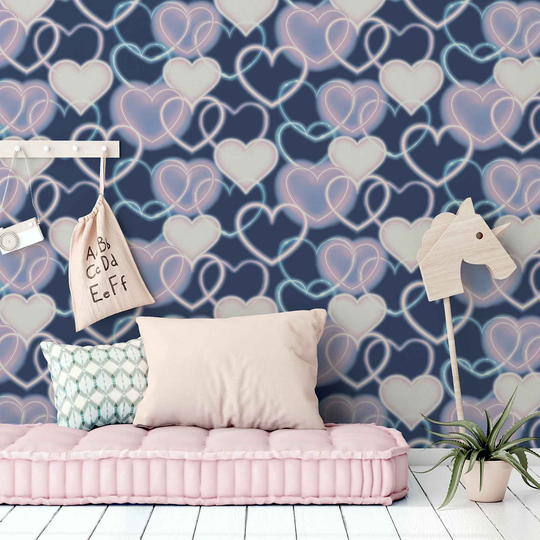 Effie Navy Neon Heart Wallpaper - York Wallcoverings - AH925605 - York Wallcoverings Wallpaper