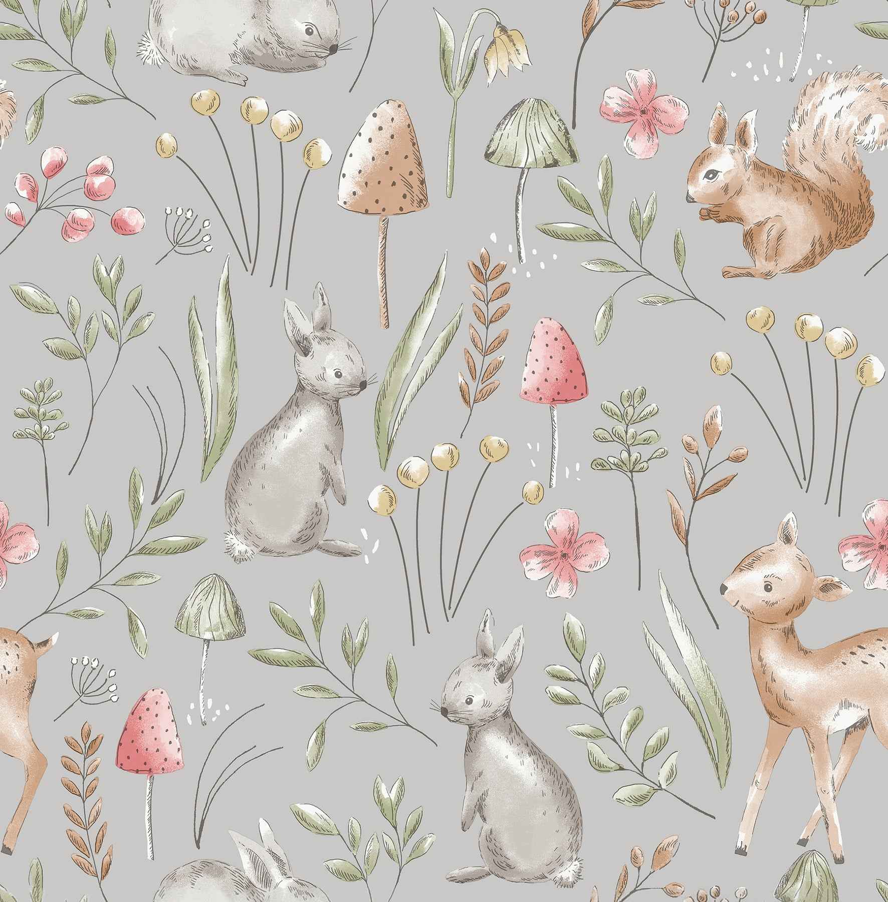 Forest Animals Grey Whimsical Wallpaper - York Wallcoverings - 4203-27546