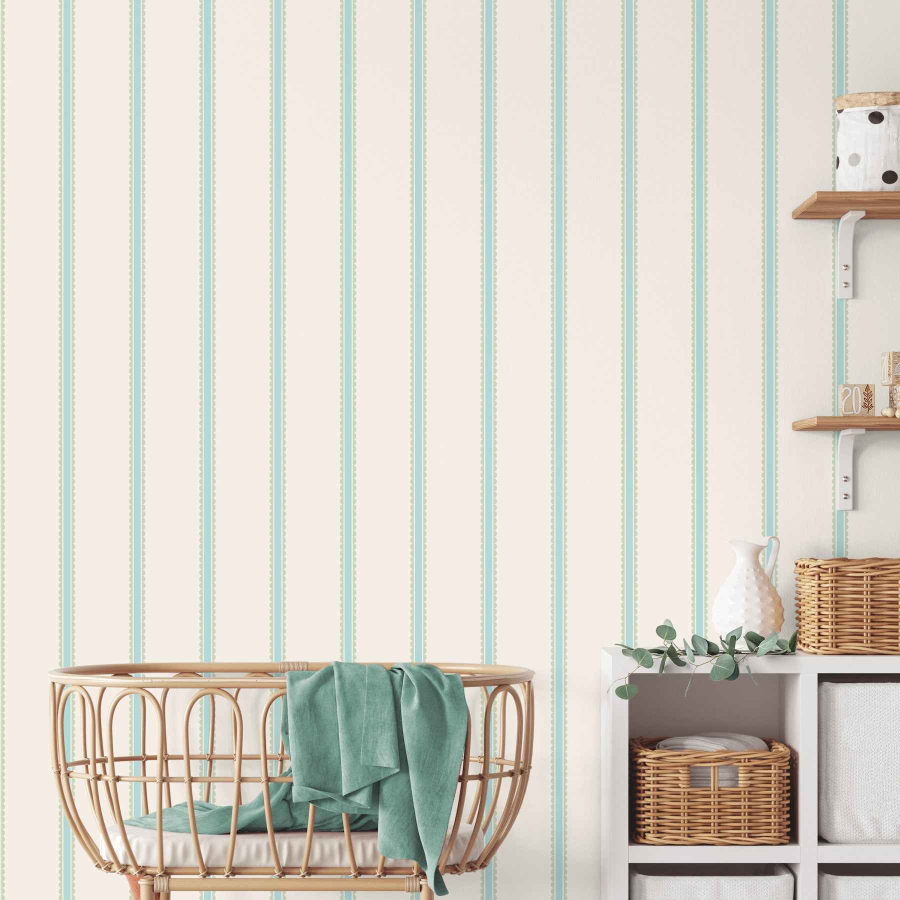 Bobbin Stripe Aqua Scalloped Wallpaper - York Wallcoverings - 4203-27573 - York Wallcoverings Wallpaper