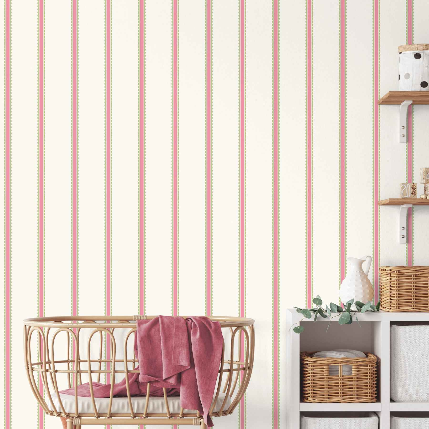 Bobbin Stripe Fuchsia Scalloped Wallpaper - York Wallcoverings - 4203-27574 - York Wallcoverings Wallpaper