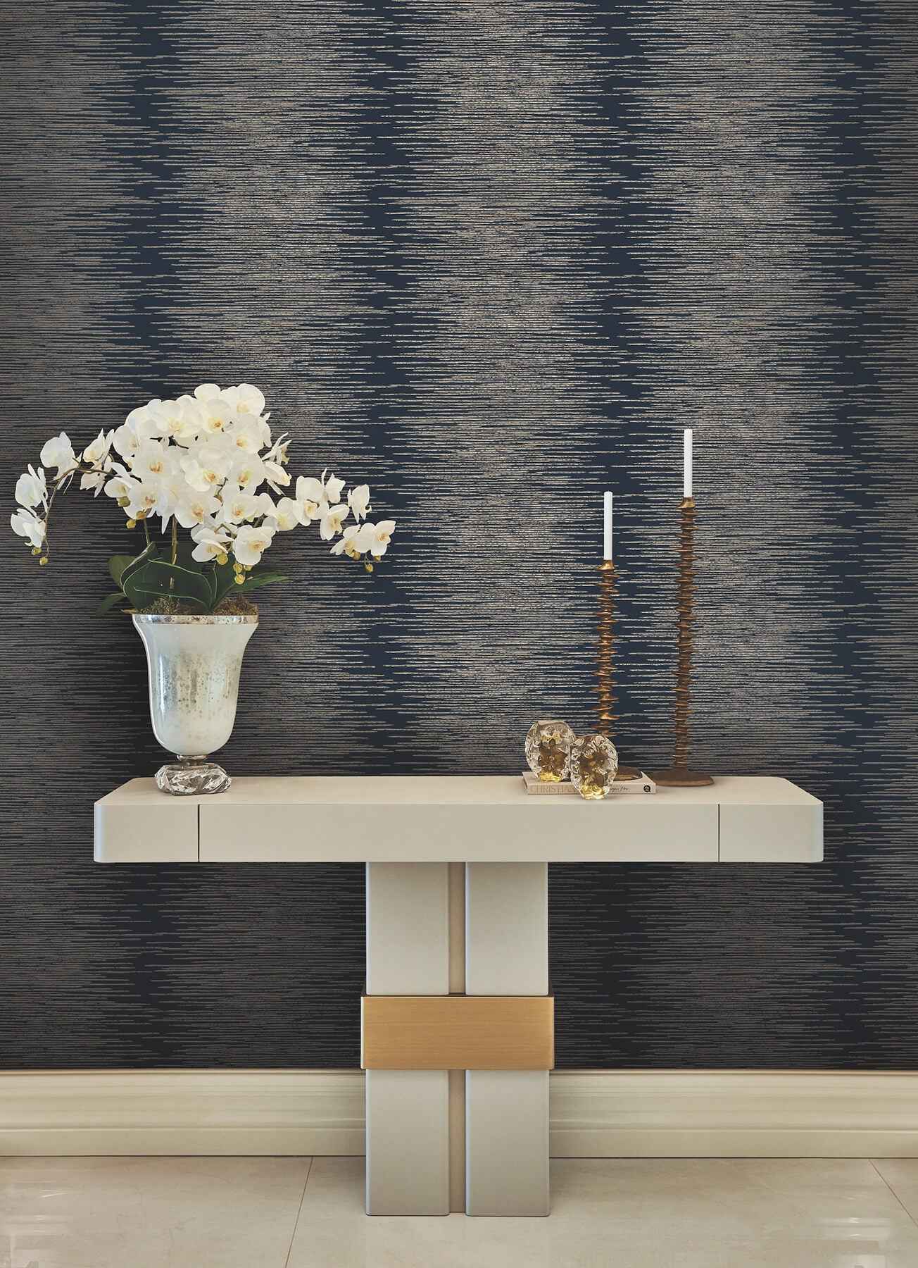 Operetta Navy Metallic Columns Wallpaper - York Wallcoverings - VR1503 - York Wallcoverings Wallpaper