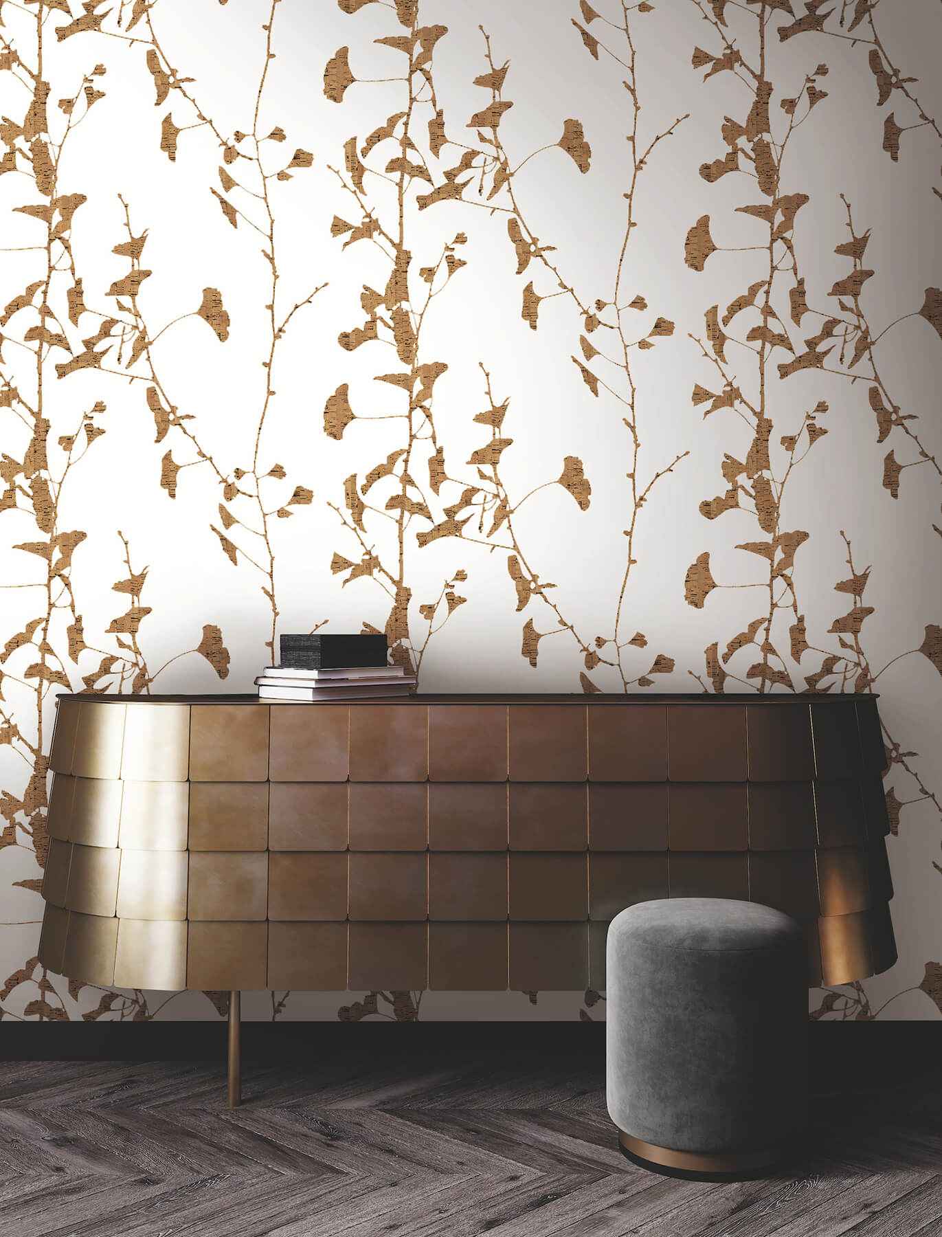 Ginkgo Silhouette Light Brown Cork Wallpaper - York Wallcoverings - VR1509