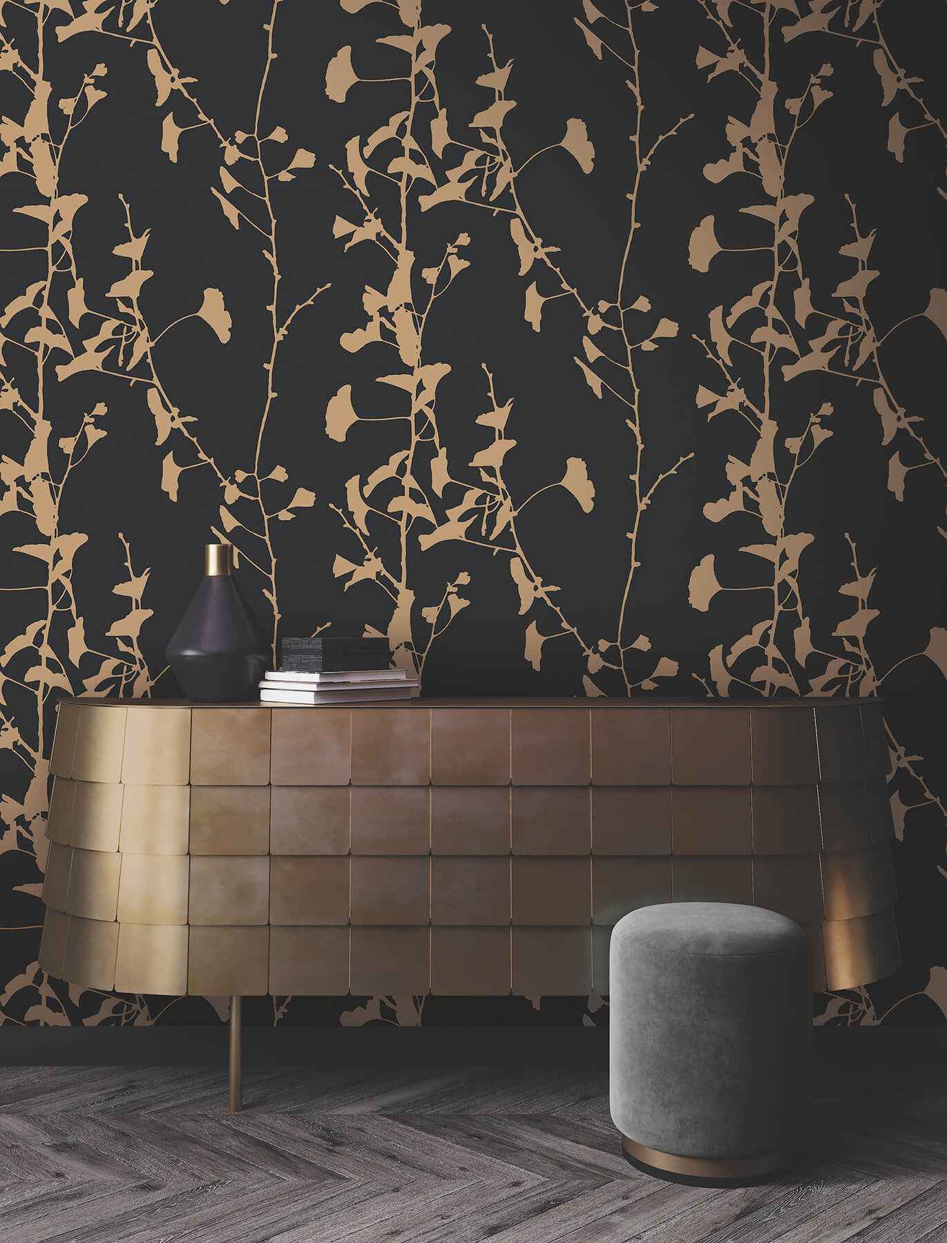 Ginkgo Silhouette Black & Gold Cork Wallpaper - York Wallcoverings - VR1512 - York Wallcoverings Wallpaper
