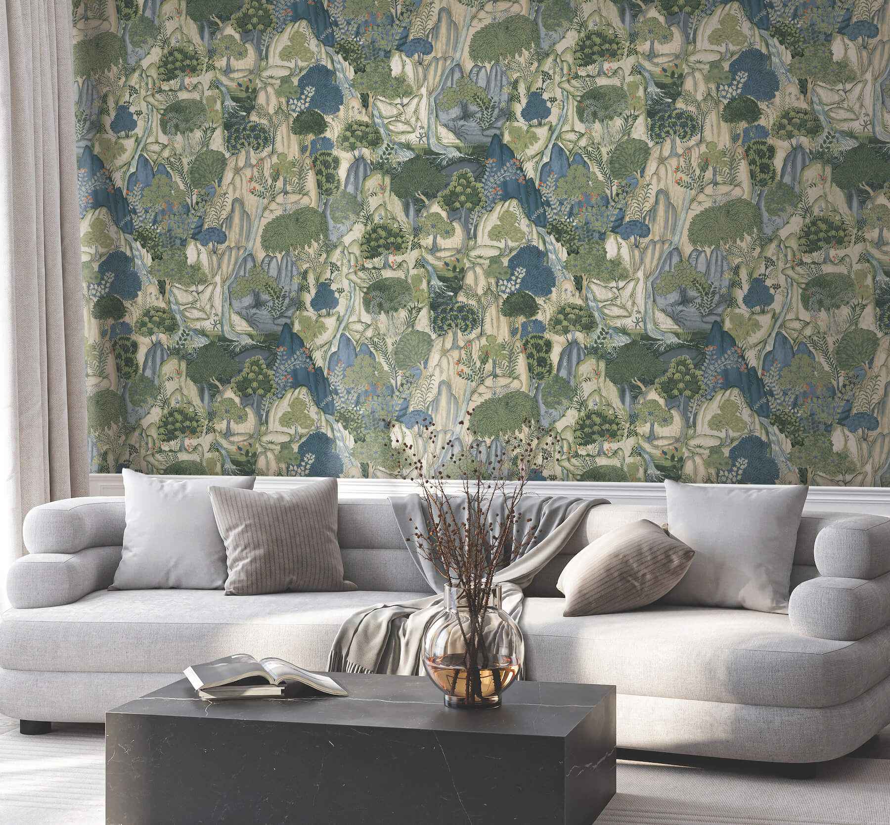 Falling Waters Sapphire Scenic Wallpaper - York Wallcoverings - VR1554 - York Wallcoverings Wallpaper