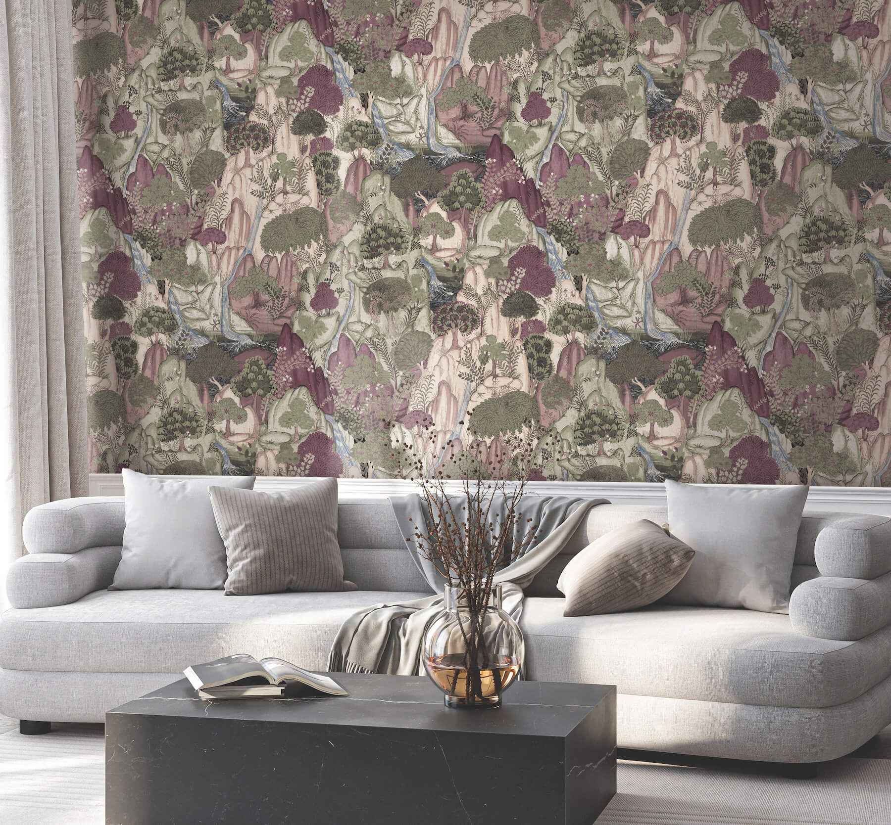 Falling Waters Plum Scenic Wallpaper - York Wallcoverings - VR1556 - York Wallcoverings Wallpaper