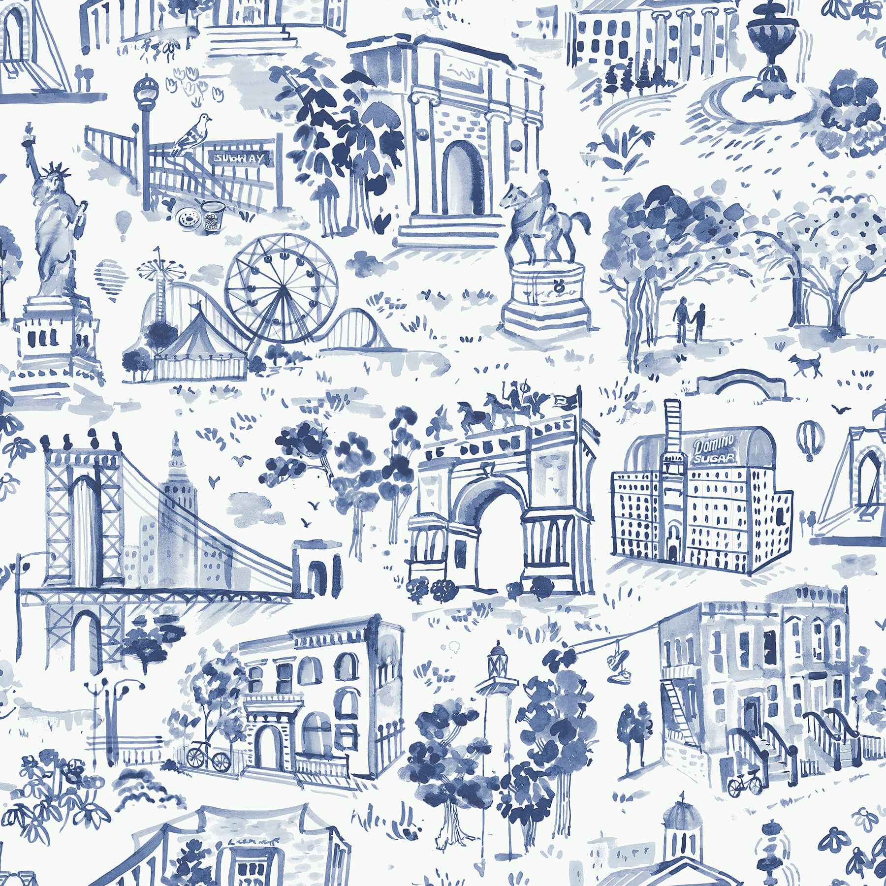 Toile De New York Navy Peel and Stick Wallpaper - York Wallcoverings - BBS6544