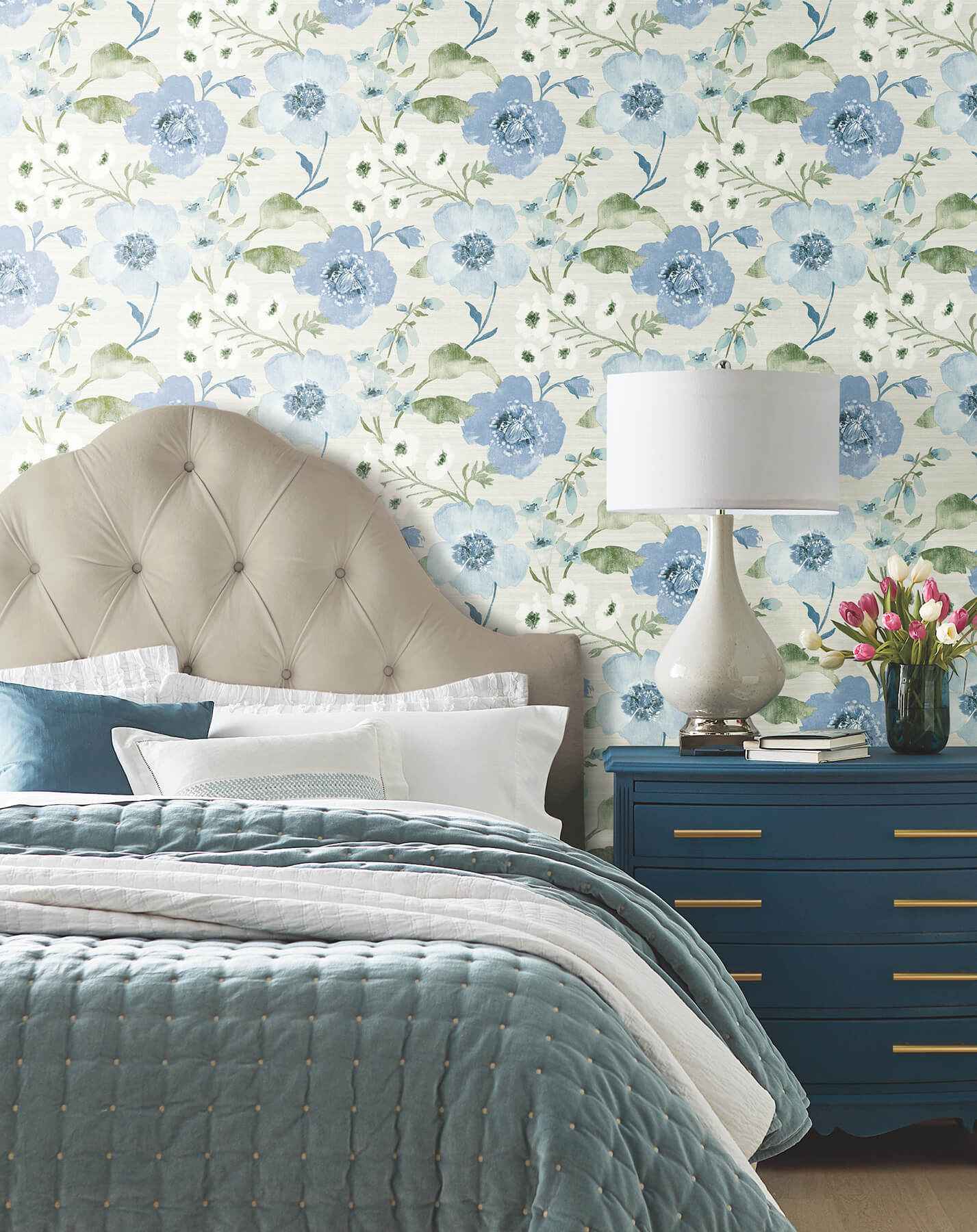 Evelyn Blue Floral Wallpaper - York Wallcoverings - LL3203 - York Wallcoverings Wallpaper
