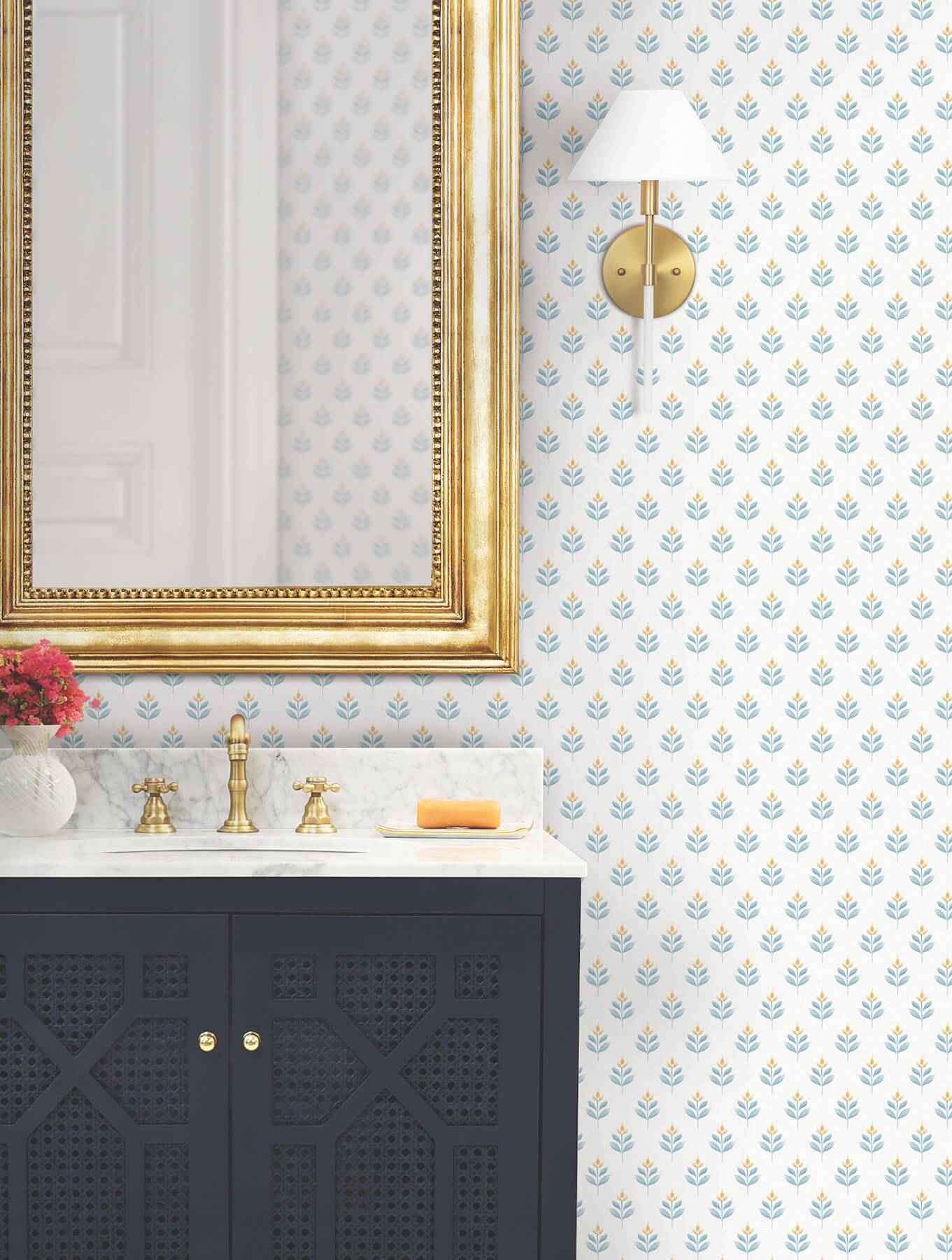 Serene Villa Teal Floral Stamp Wallpaper - York Wallcoverings - LL3233