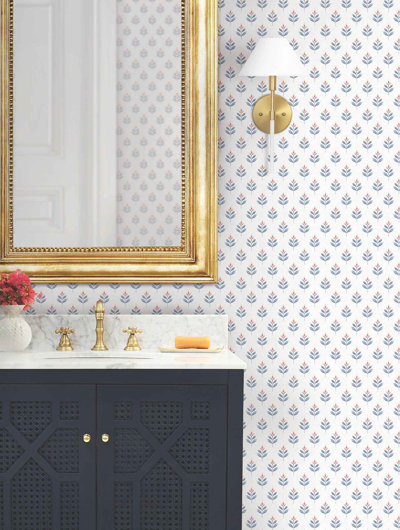 Serene Villa Red Floral Stamp Wallpaper - York Wallcoverings - LL3235 - York Wallcoverings Wallpaper