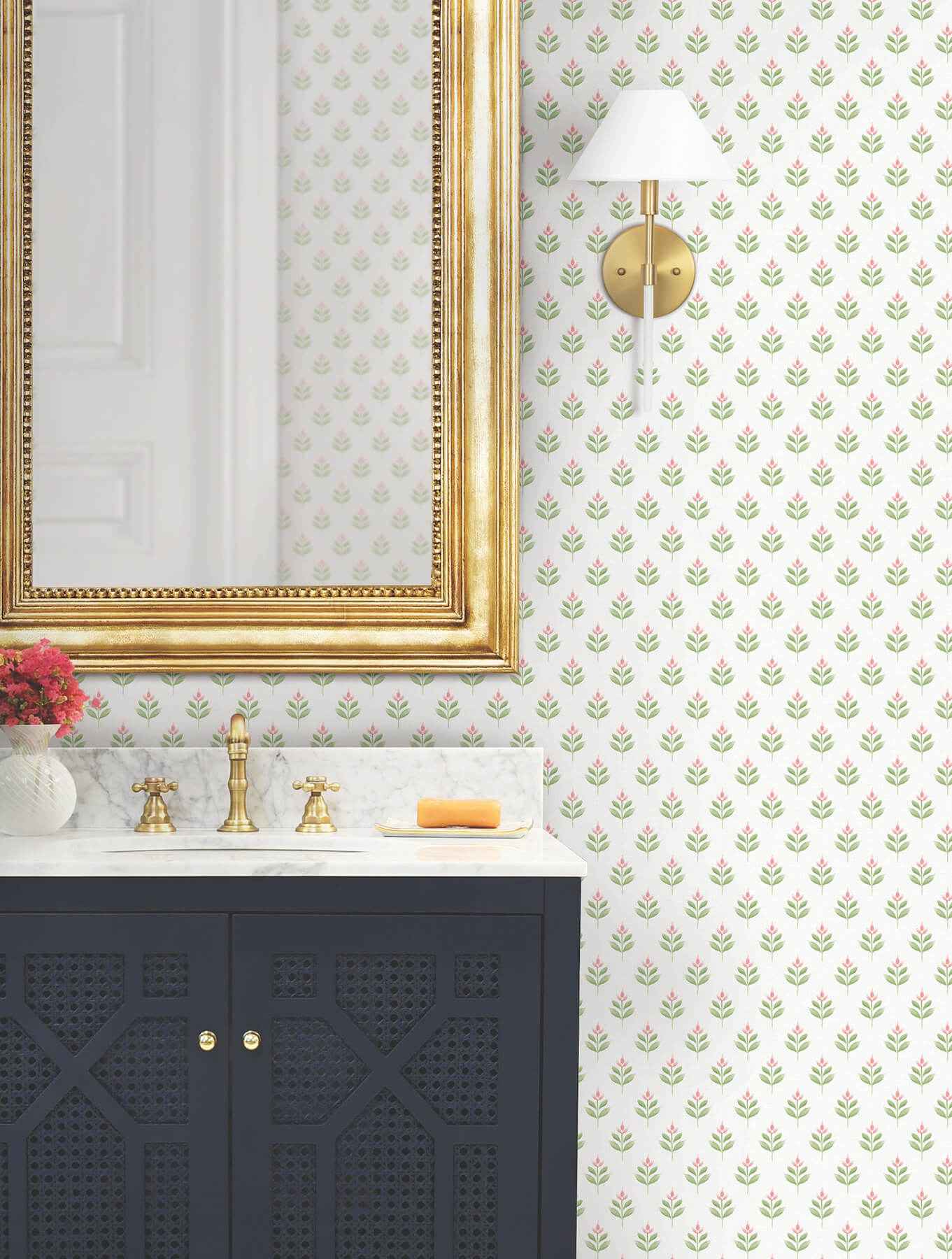 Serene Villa Pink Floral Stamp Wallpaper - York Wallcoverings - LL3236 - York Wallcoverings Wallpaper