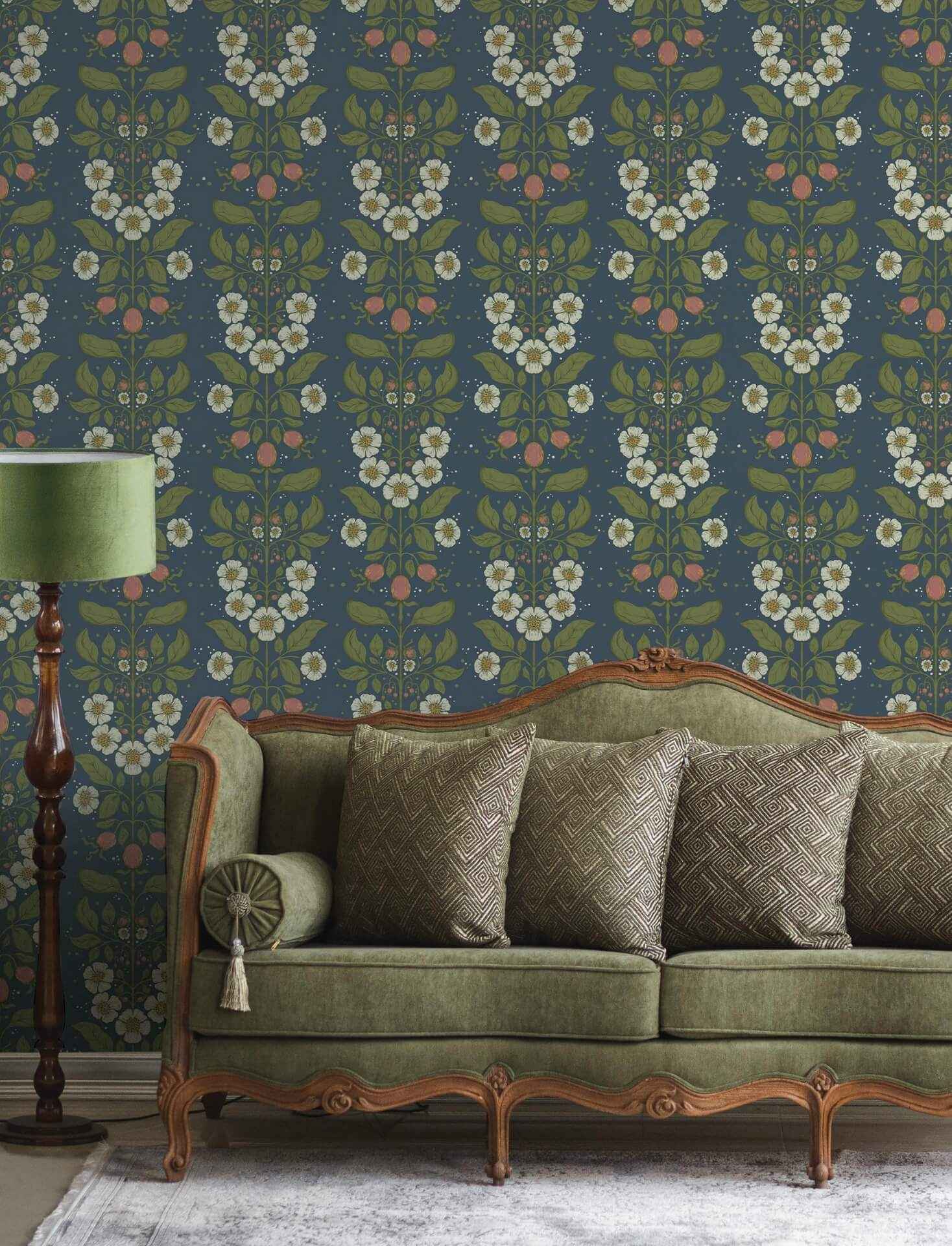 Rosa Navy Floral Columns Wallpaper - York Wallcoverings - 4201-48013 - York Wallcoverings Wallpaper