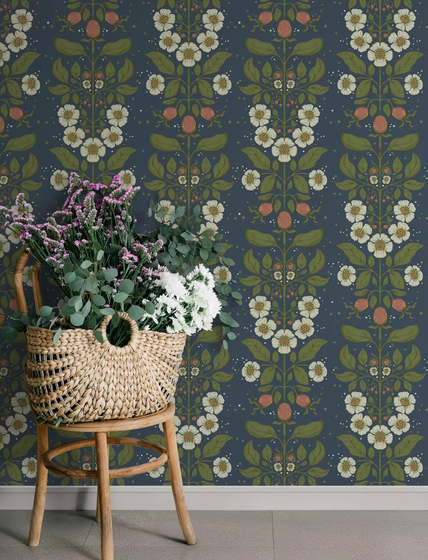 rosa-navy-floral-columns-wallpaper-york-wallcoverings-4201-48013 - York Wallcoverings Wallpaper