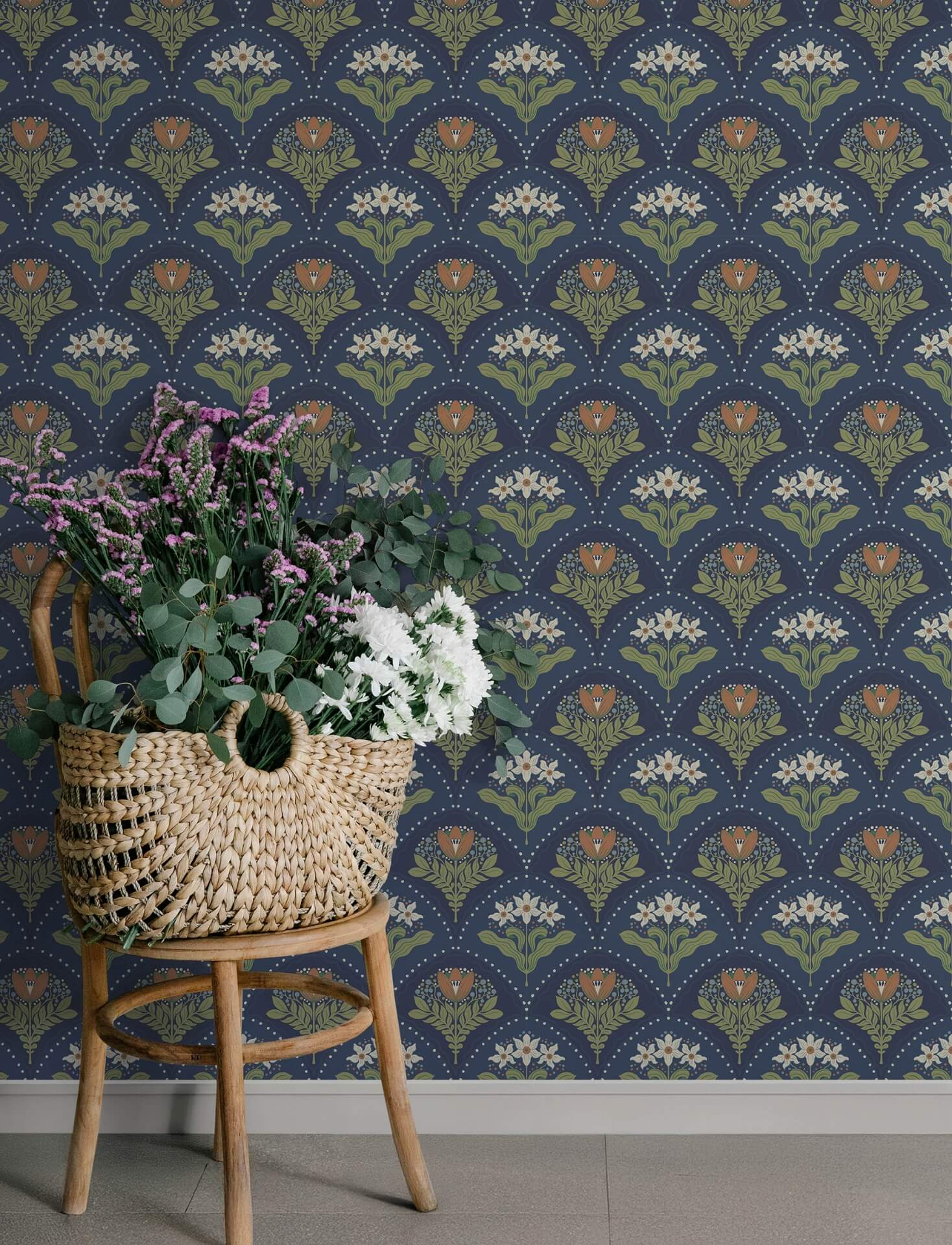 maj-navy-floral-damask-wallpaper-york-wallcoverings-4201-48018 - York Wallcoverings Wallpaper