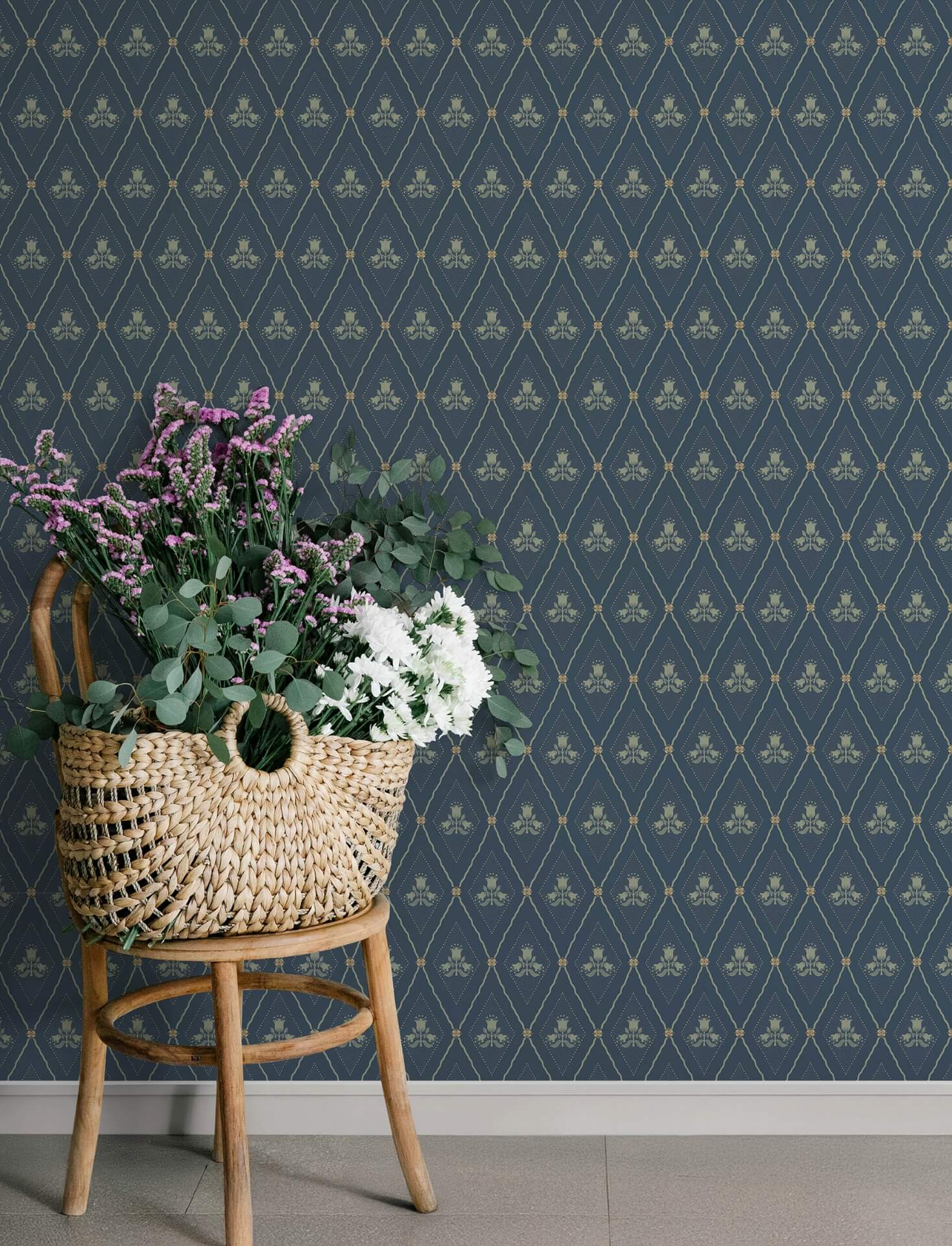 alma-navy-diamond-floral-wallpaper-york-wallcoverings-4201-48033 - York Wallcoverings Wallpaper
