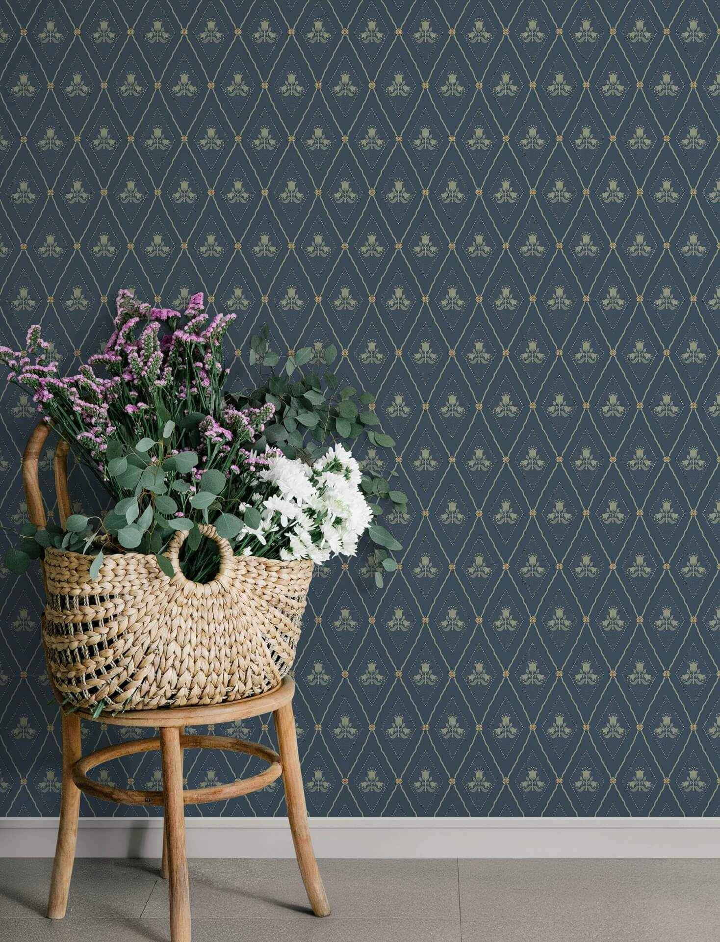 Alma Navy Diamond Floral Wallpaper - York Wallcoverings - 4201-48033 - York Wallcoverings Wallpaper