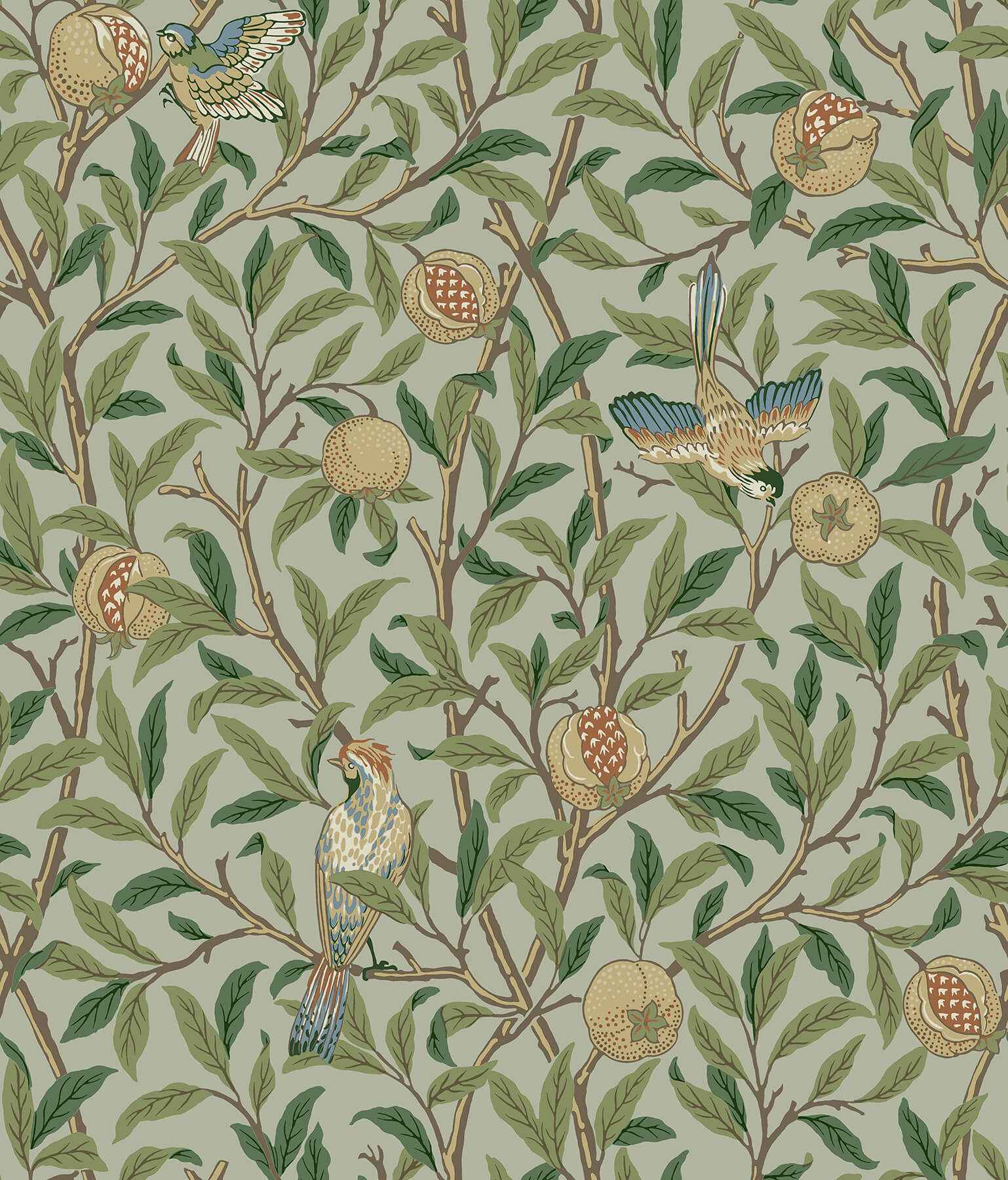 Bird and Pomegranate Bayleaf and Forest - York Wallcoverings - MCS6592