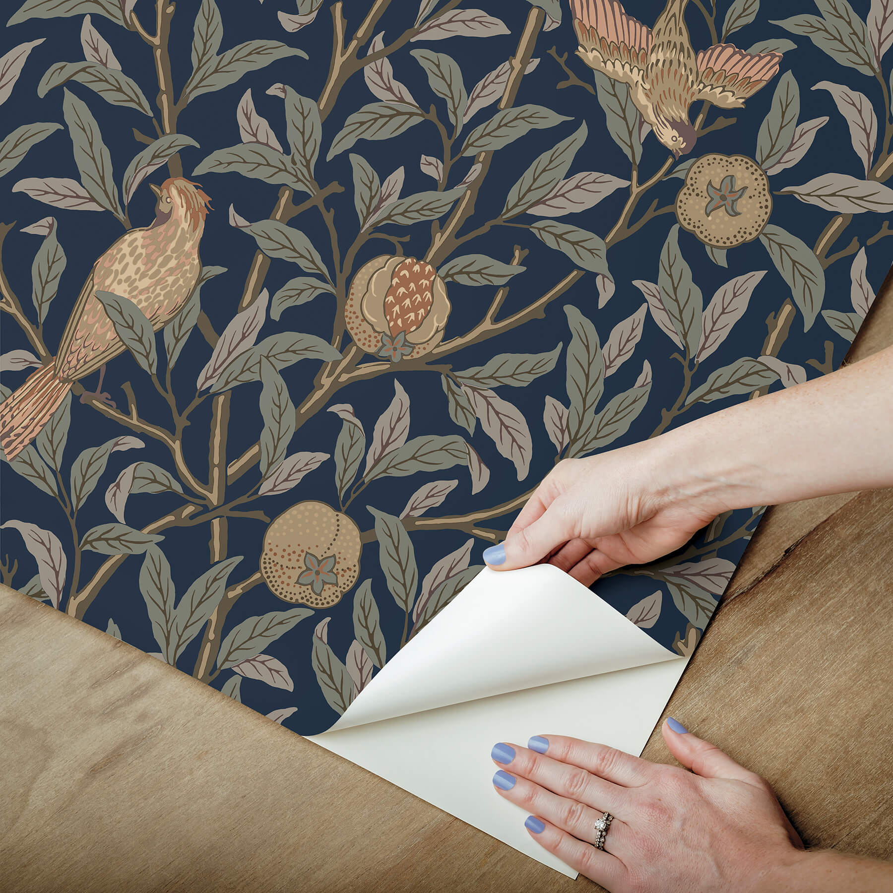 bird-and-pomegranate-indigo-peel-and-stick-wallpaper-york-wallcoverings-mcs6590 - York Wallcoverings Wallpaper