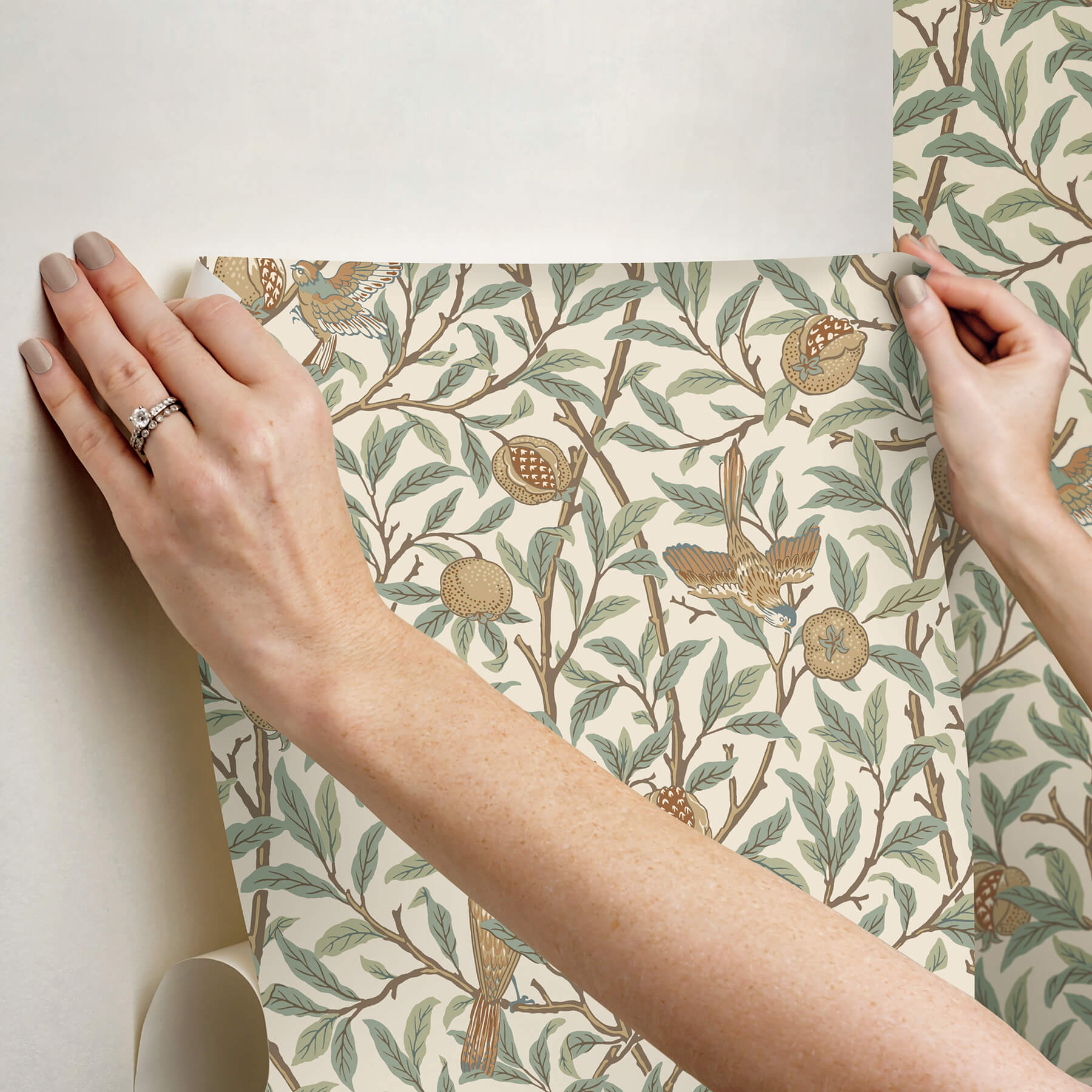 bird-and-pomegranate-linen-and-sage-peel-and-stick-wallpaper-york-wallcoverings-mcs6593 - York Wallcoverings Wallpaper