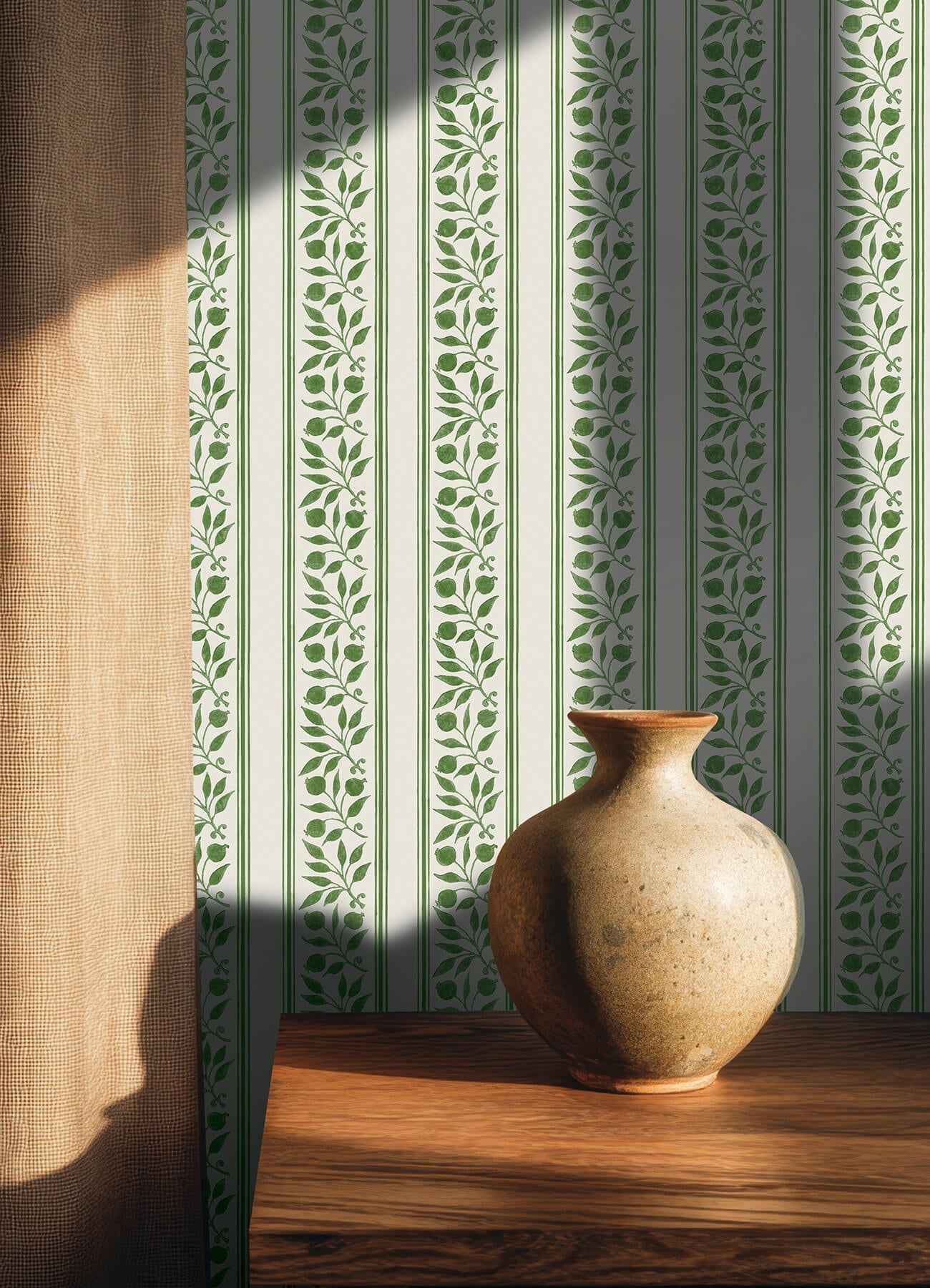 Rosehip Stripe Boughs Green Peel and Stick Wallpaper - York Wallcoverings - MCS6610 - York Wallcoverings Wallpaper